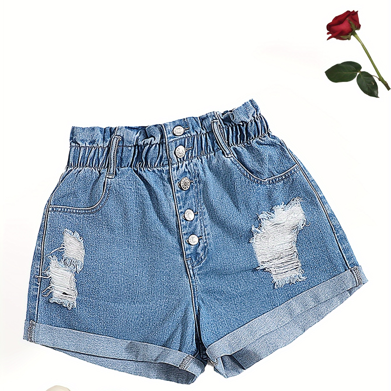 

Women's Classic Fashion Elastic Waist Single-breastes Denim Shorts, Street Style, Ripped Detail, Button Front, Casual Summer Wear