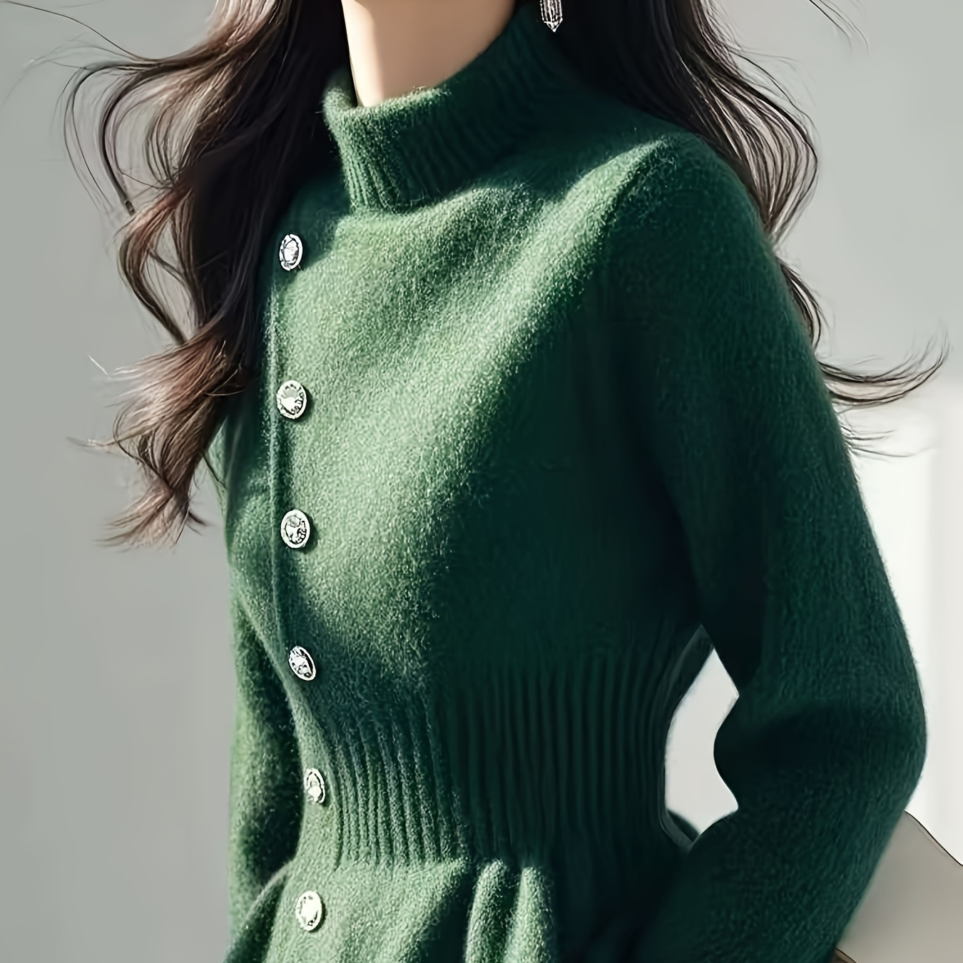 

Women's Chic High Neck Green Sweater, Viscose Knit Pullover With Button Detail, Long Sleeve Solid Color Winter Top, Regular Fit 330g/m² Fabric Weight