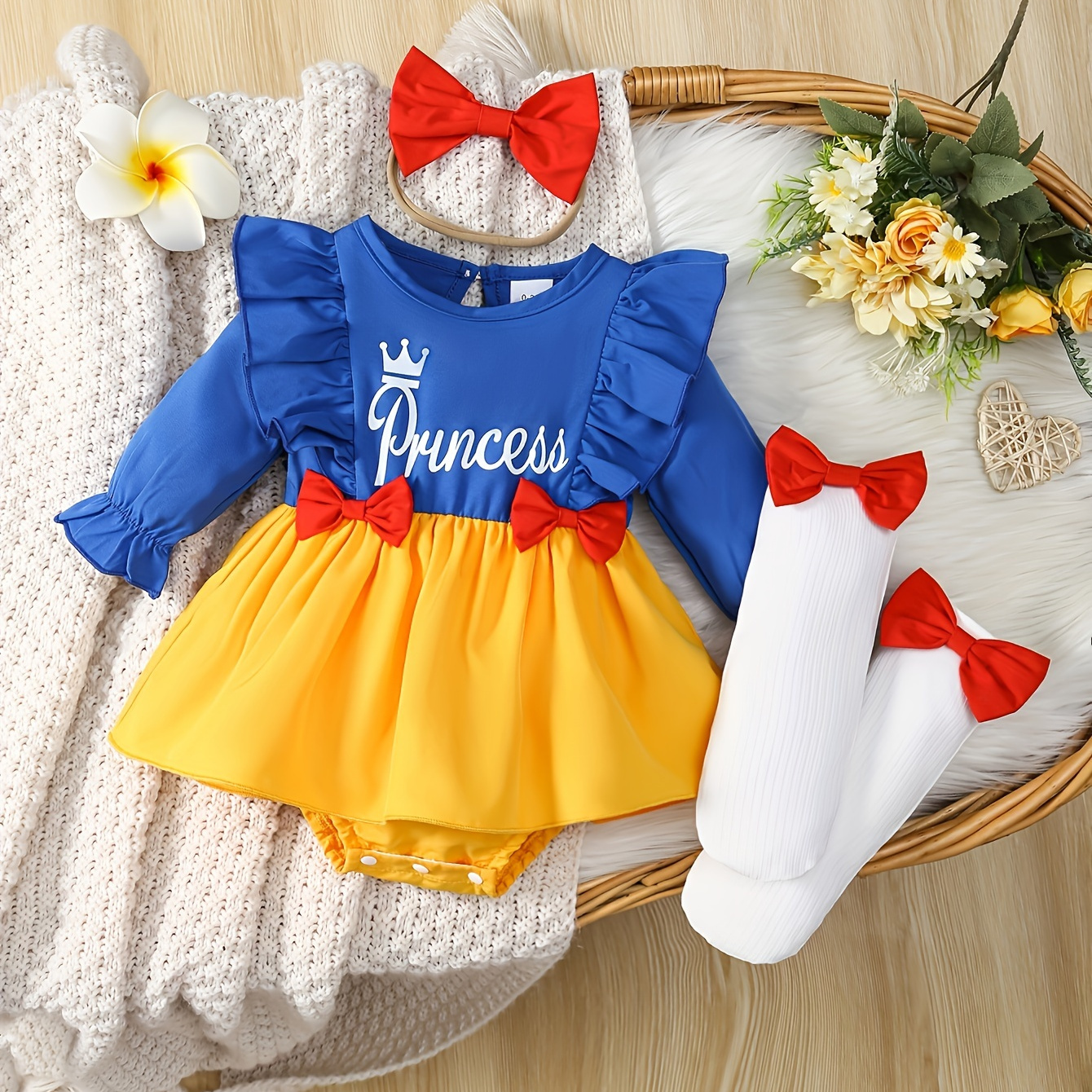 

3pcs Princess Printed Bow, Hem Skirt, Long Sleeved Princess Jumpsuit, Dress&bow Headband&pantyhose Set, Cute Spring And Autumn Color Princess Costume