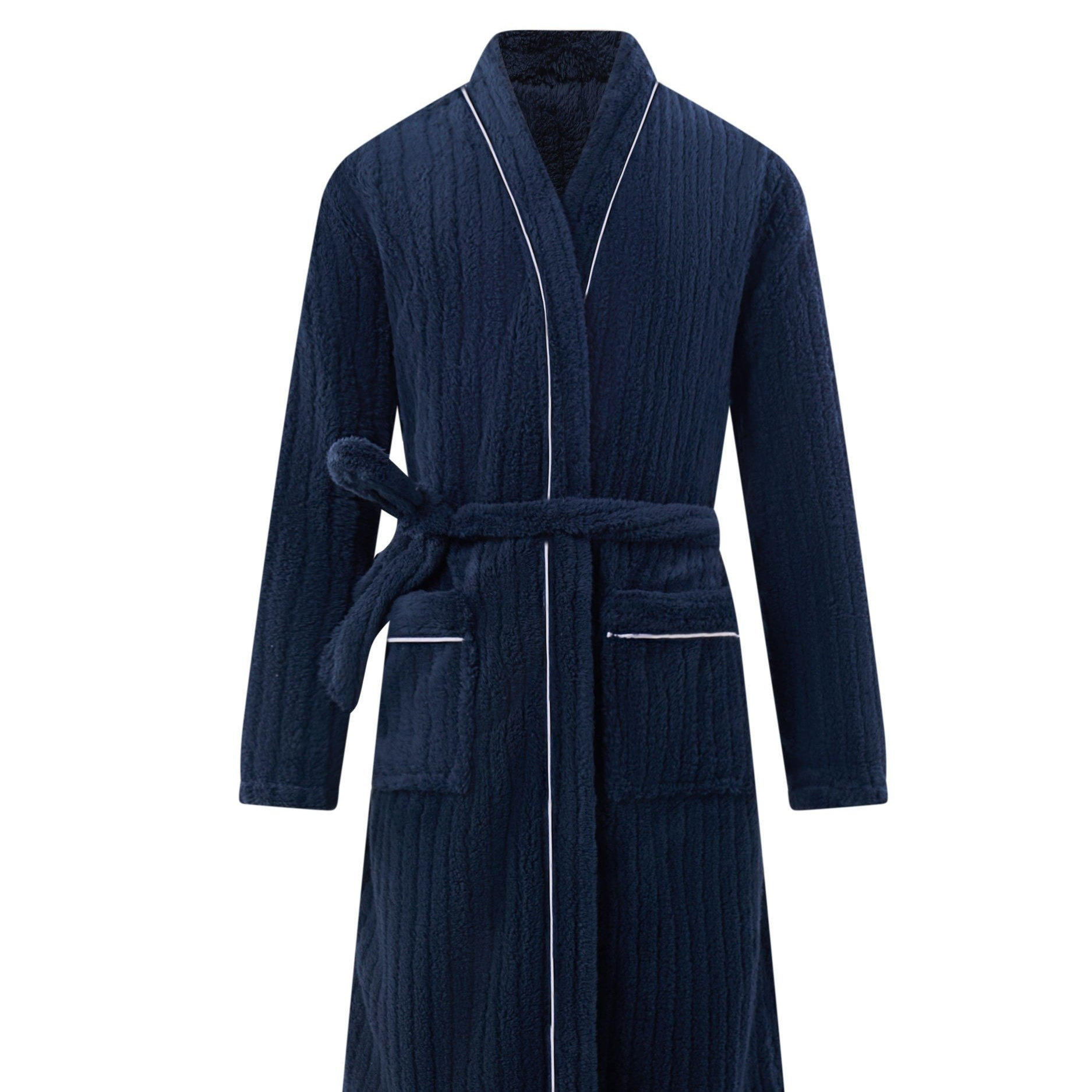 

Men's Comfy Solid Fleece Robe Home Pajamas Wear With Pocket, One-piece Lace Up Kimono Night-robe Warm Sets After Bath