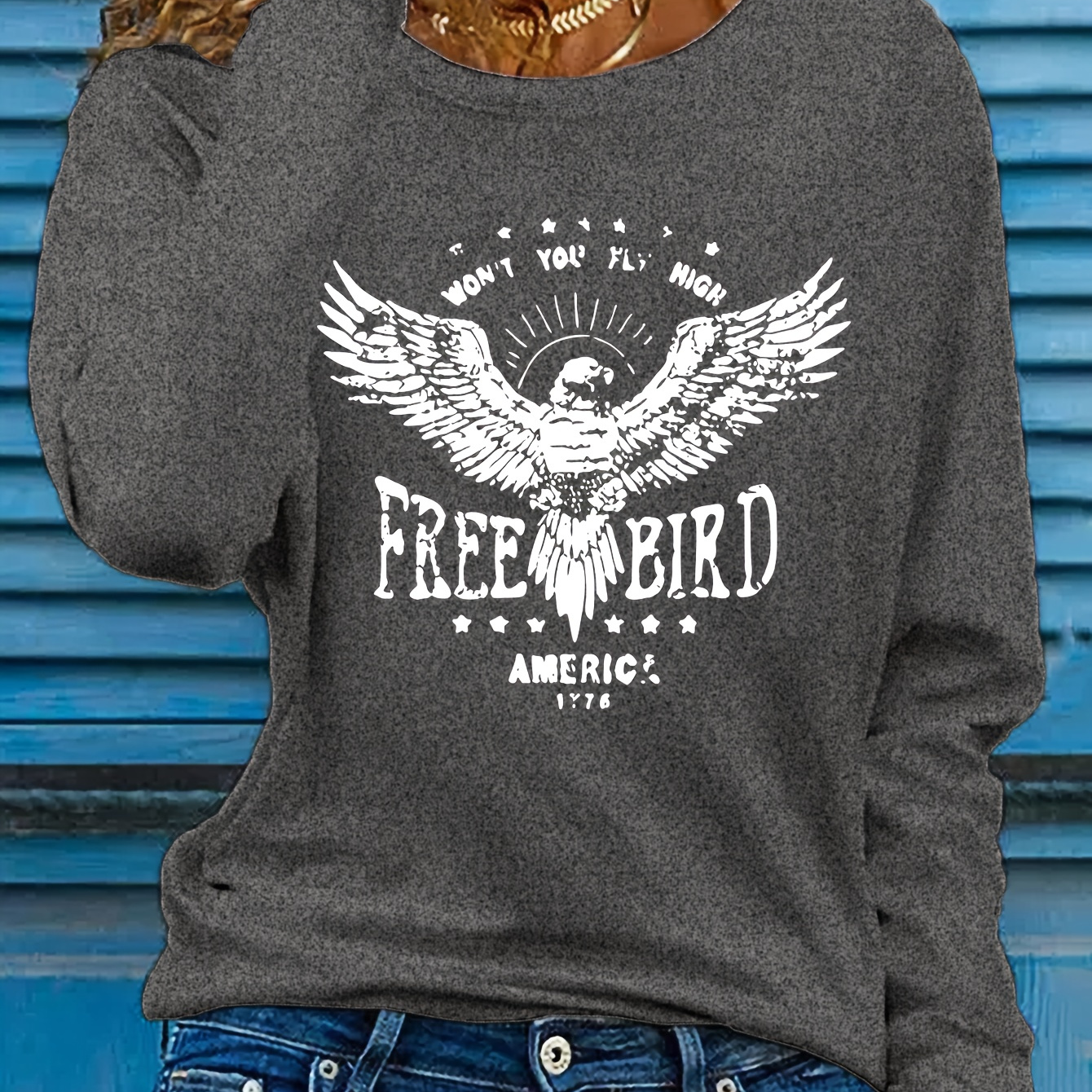 

Casual Long Sleeve T-shirt For Women With Eagle , Polyester Knit Fabric, Round Neck, - Regular Fit