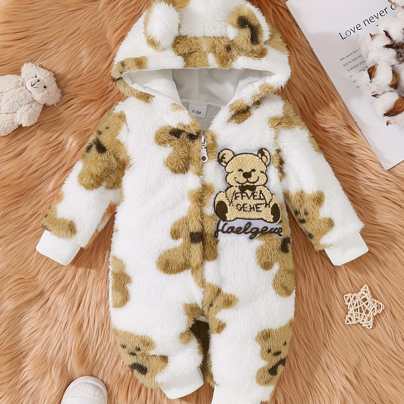 

Baby's Bear Embroidery Warm Hooded Casual Long Sleeve Romper, Toddler & Infant Boy's Bodysuit For Fall Winter