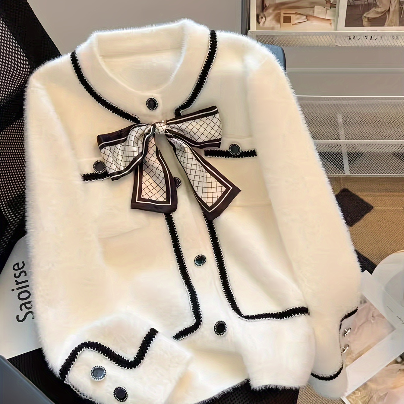 

Elegant Champagne-inspired Knit Cardigan - Cozy & , Long Sleeve With Bow Detail, Fall/winter