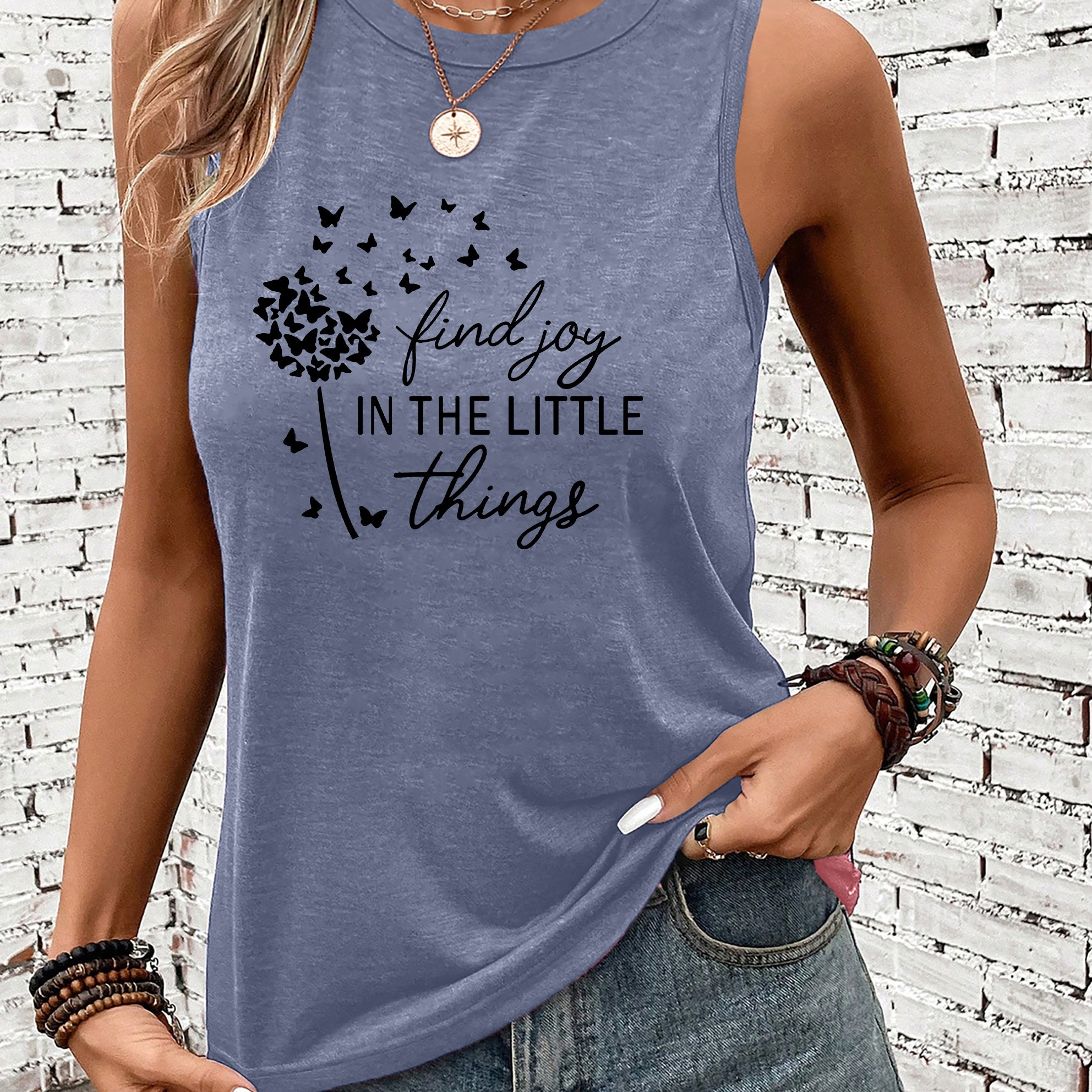 

Letter & Dandelion Print Tank Top, Sleeveless Casual Top For Summer & Spring, Women's Clothing