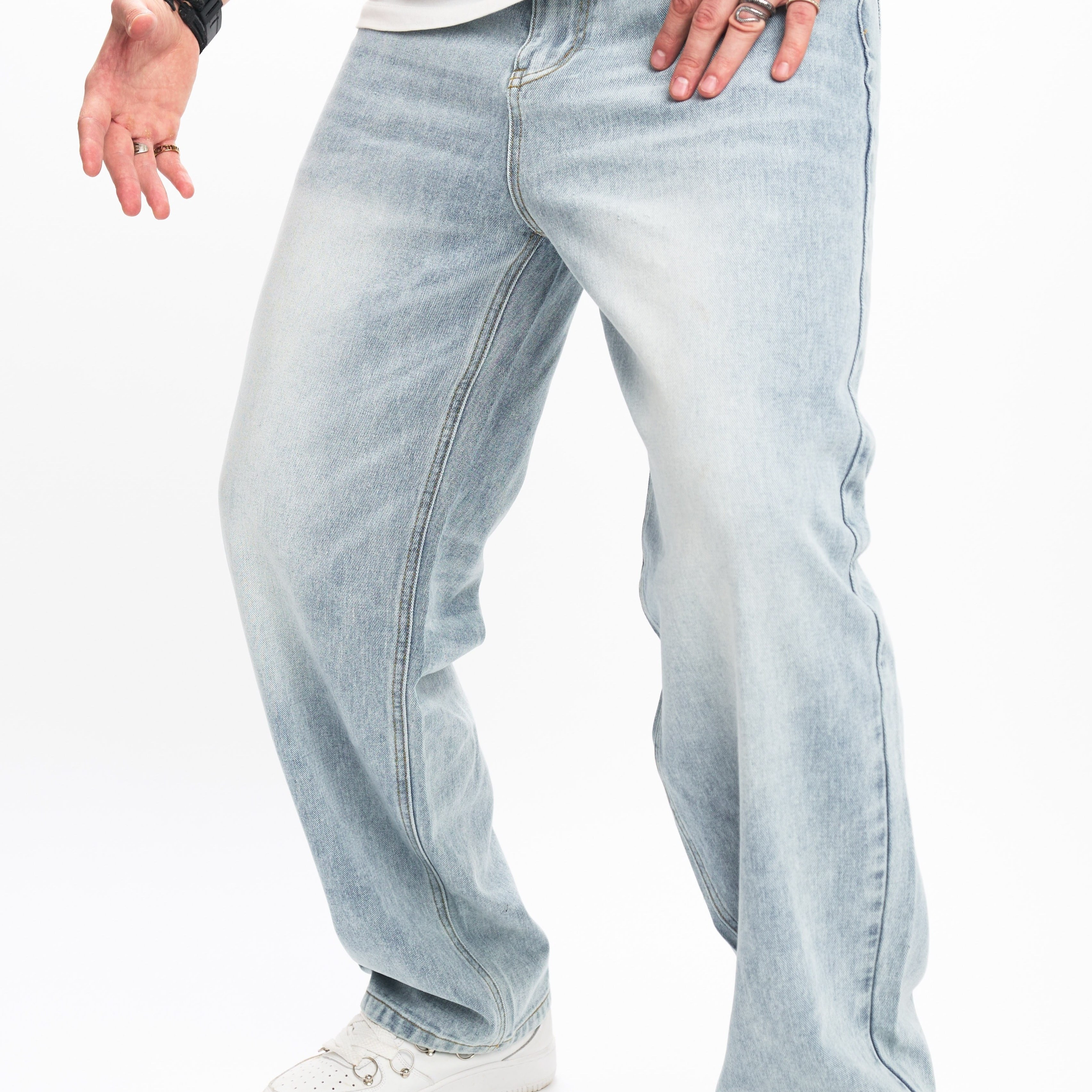 

Men Stylish Simple Solid Loose Straight Jeans Man Cotton Stylish High Pants