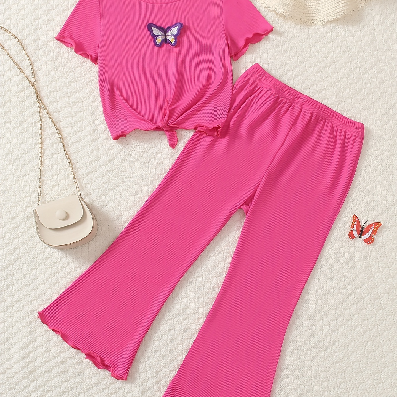 

Girls 2pcs Butterfly Embroidered Short Sleeve Top & Legging Pants Set