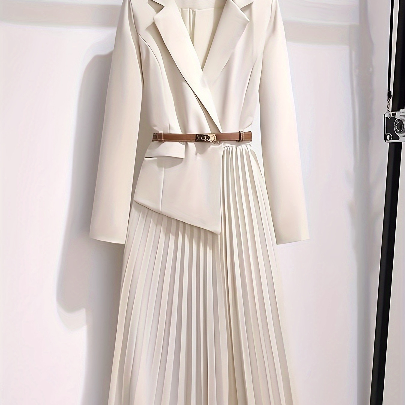 

Women's Pleated Blazer Dress With Belt, Polyester , Long Sleeve, Solid Color, Single Breasted, Professional, Elegant For Fall/winter Collection 2024