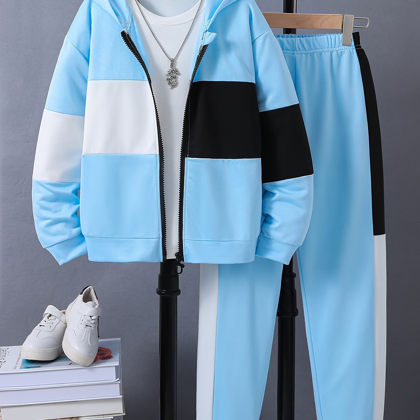 

2pcs Boy's Outfits, Zip Up Hoodies Long Sleeve Hooded Sweatshirt & Pants Set, For And