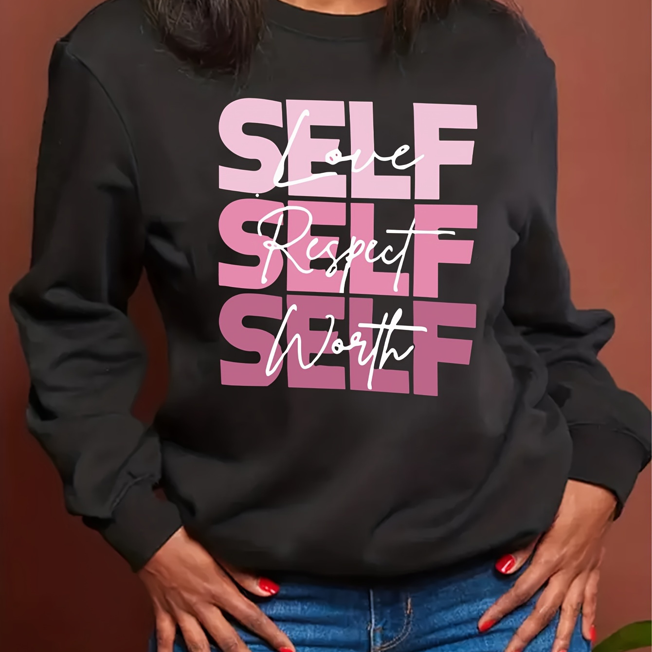 

Self Love Respect Worth Print Sweatshirt, Casual Long Sleeve Crew Neck Sweatshirt, Women's Clothing