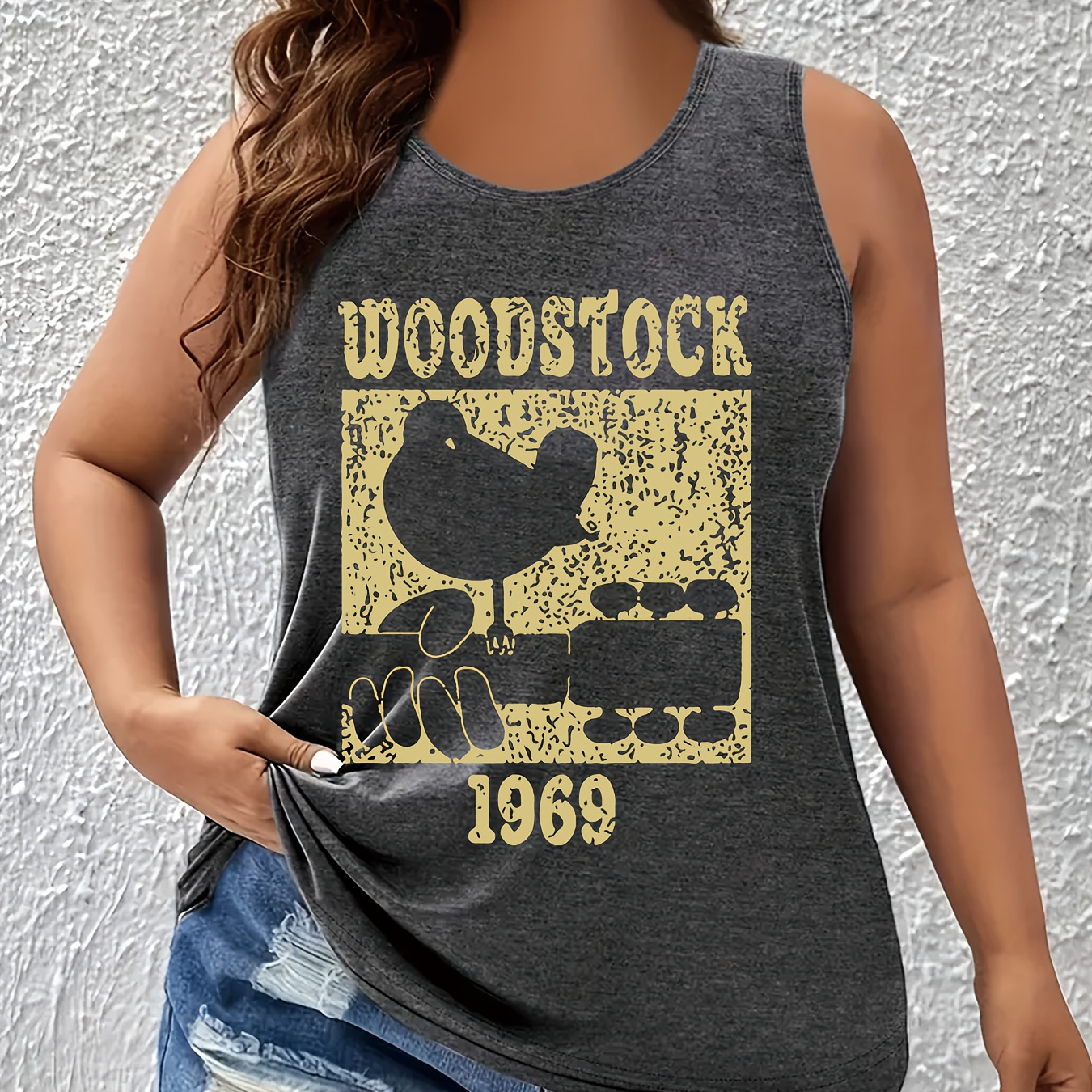 

Plus Size Bird & Print Tank Top, Casual Sleeveless Crew Neck Top For Summer & Spring, Women's Plus Size Clothing