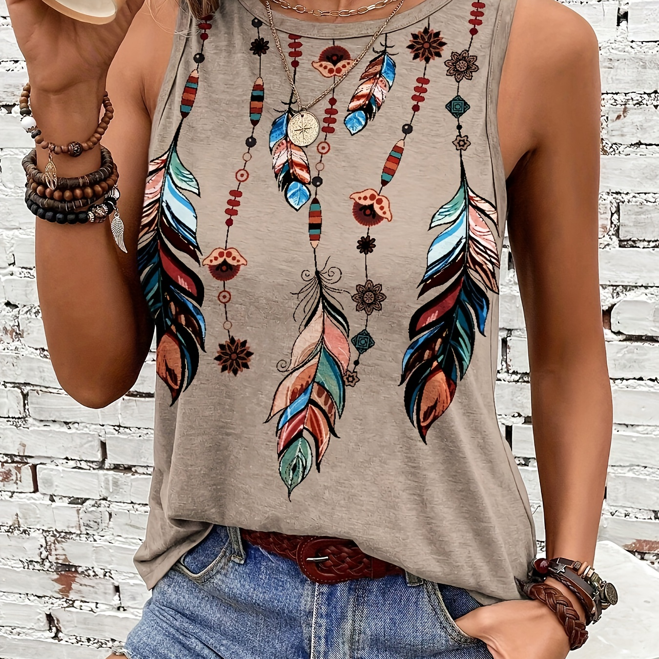 TEMU Feather Print Crew Neck Tank Top, Casual Sleeveless Top For Spring & Summer, Women's Clothing