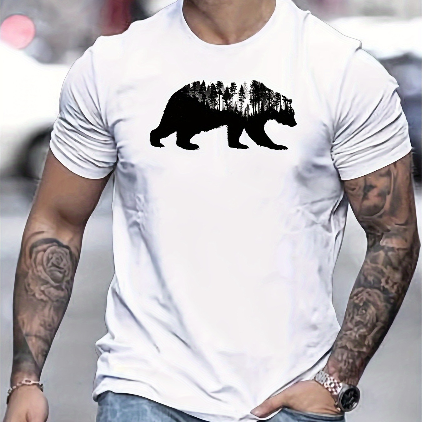 

Men's Bear Print T-shirt, Casual Short Sleeve Crew Neck Tee, Men's Clothing For Outdoor