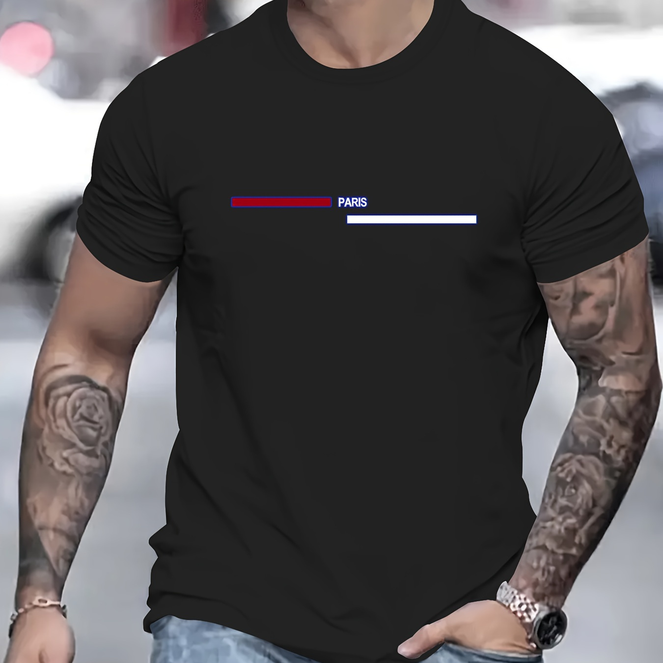 

Paris Letter Graphic Print Men's Creative Top, Casual Short Sleeve Crew Neck T-shirt, Men's Clothing For Summer Outdoor