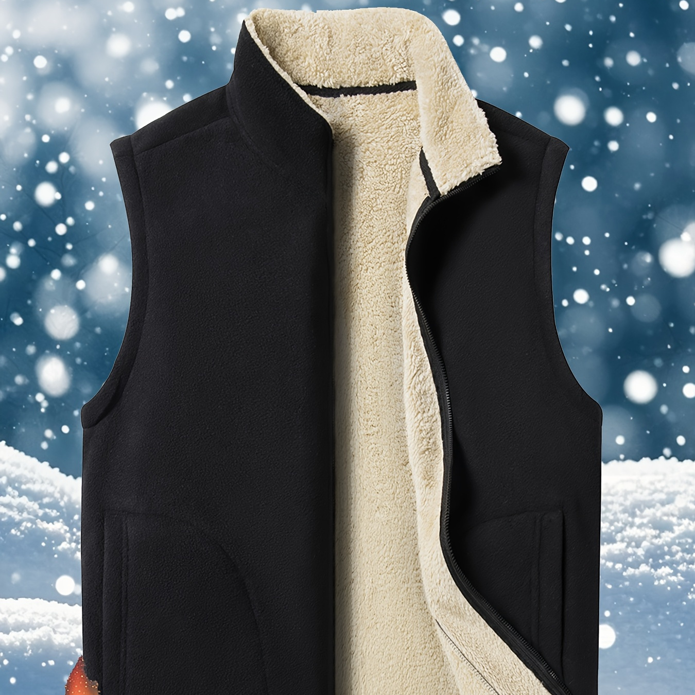 

Men's Fleece-lined Vest - Casual High Neck, Sleeveless Winter With Pockets, For Winter