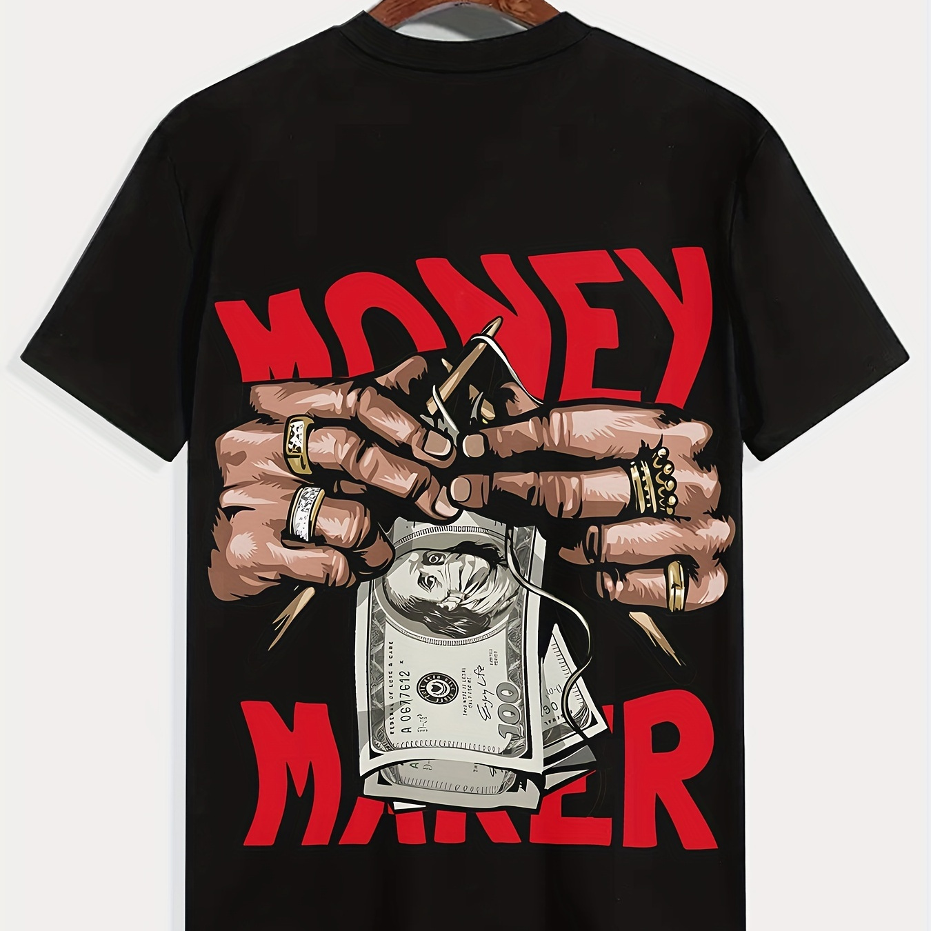 

T-shirt "Money Maker" pour Hommes - Noir avec Imprimé , T-shirt Décontracté à Manches Courtes pour l'Été, Col Rond en Polyester Confortable, Lavable en Machine