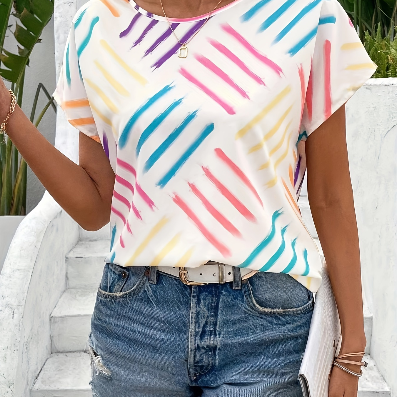 

Colorful Stripe Print Blouse, Elegant Batwing Sleeve Blouse For Spring & Summer, Women's Clothing