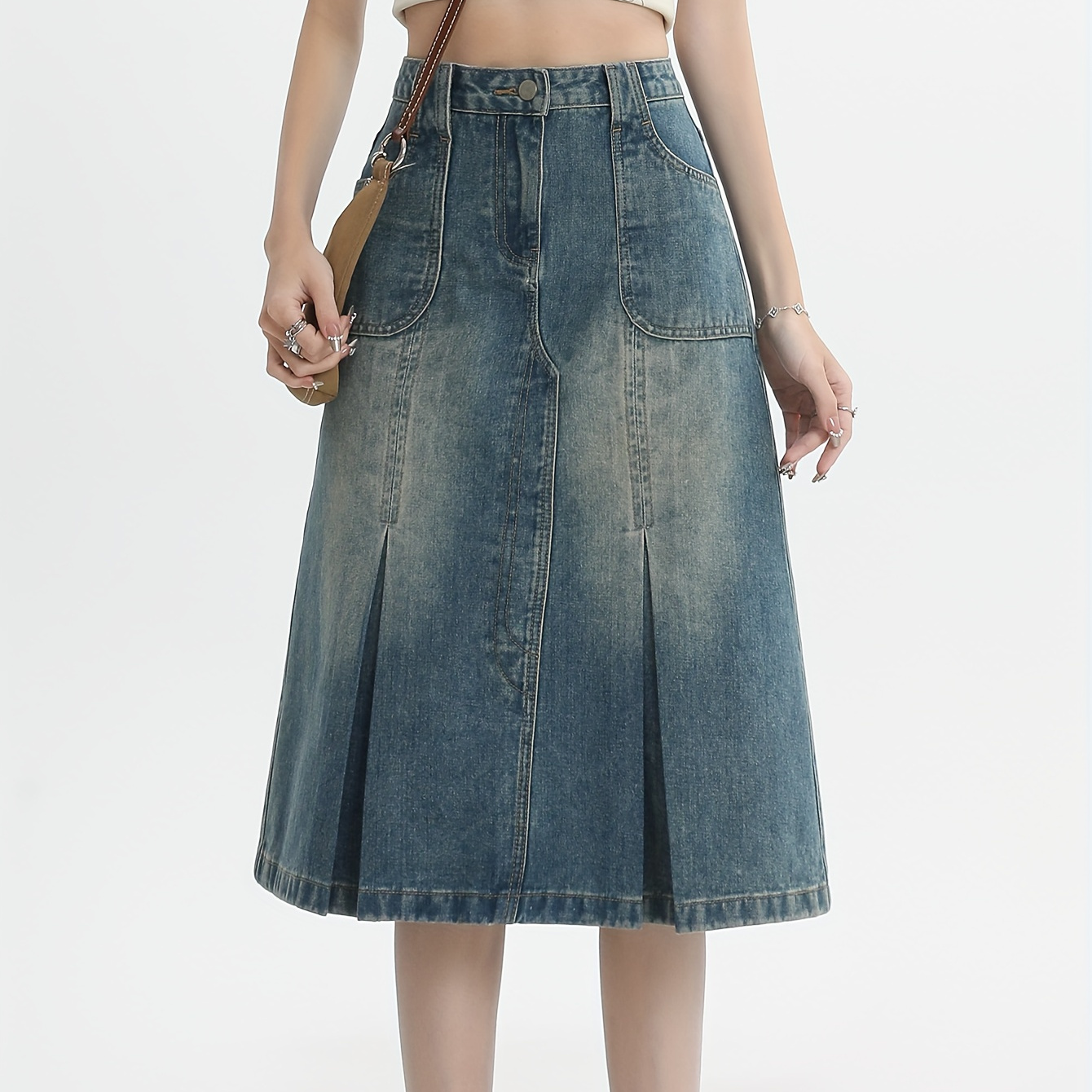 

Women's High-waist Vintage Blue Pleated Midi Denim Skirt, A-line Design With Pockets, Versatile Skirt For Spring, Summer, And Fall