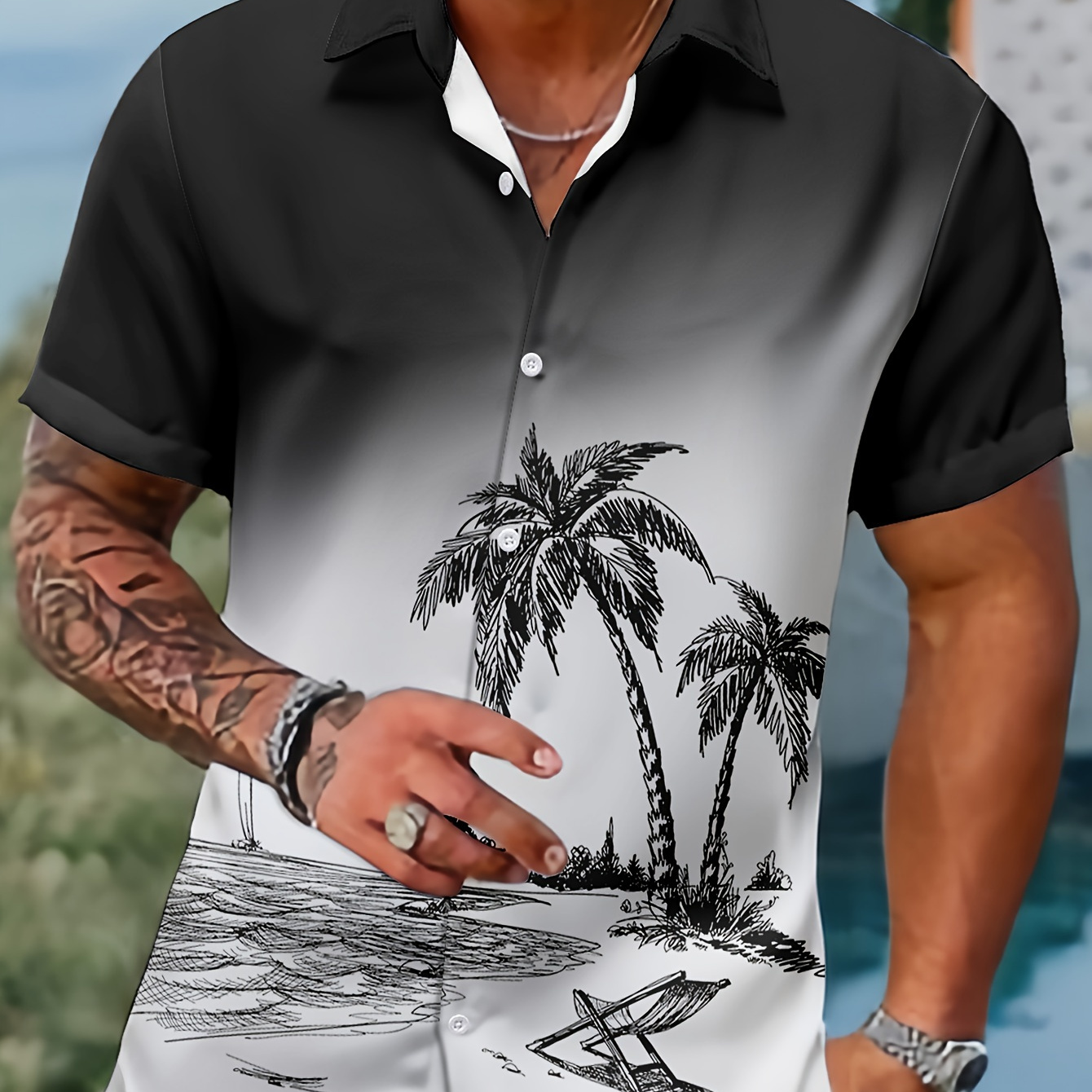 

Men's Trendy Hawaiian Lapel Collar Graphic Shirt With Stylish Palm Tree Print For Summer Beach, Pool And Resort
