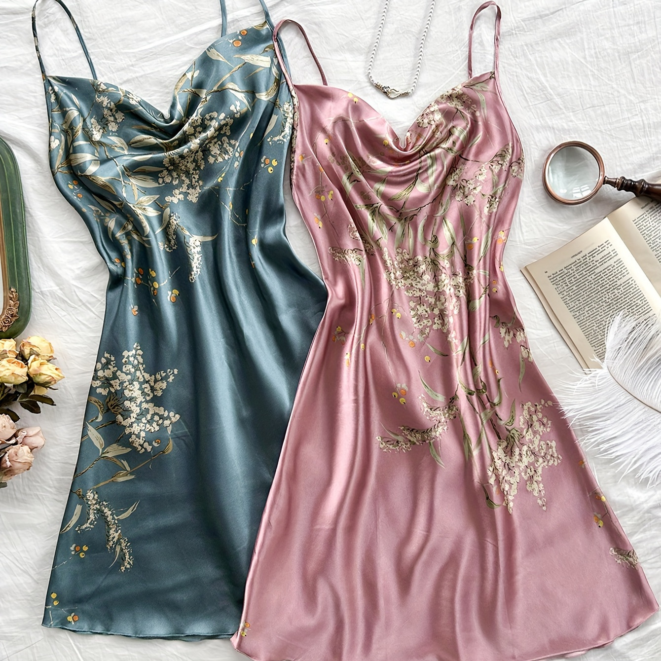 

2 Pcs Women's Floral Print Elegant Silky Sleepwear Dress, Cowl Neck Backless Slip Dress, Comfortable Nightgown