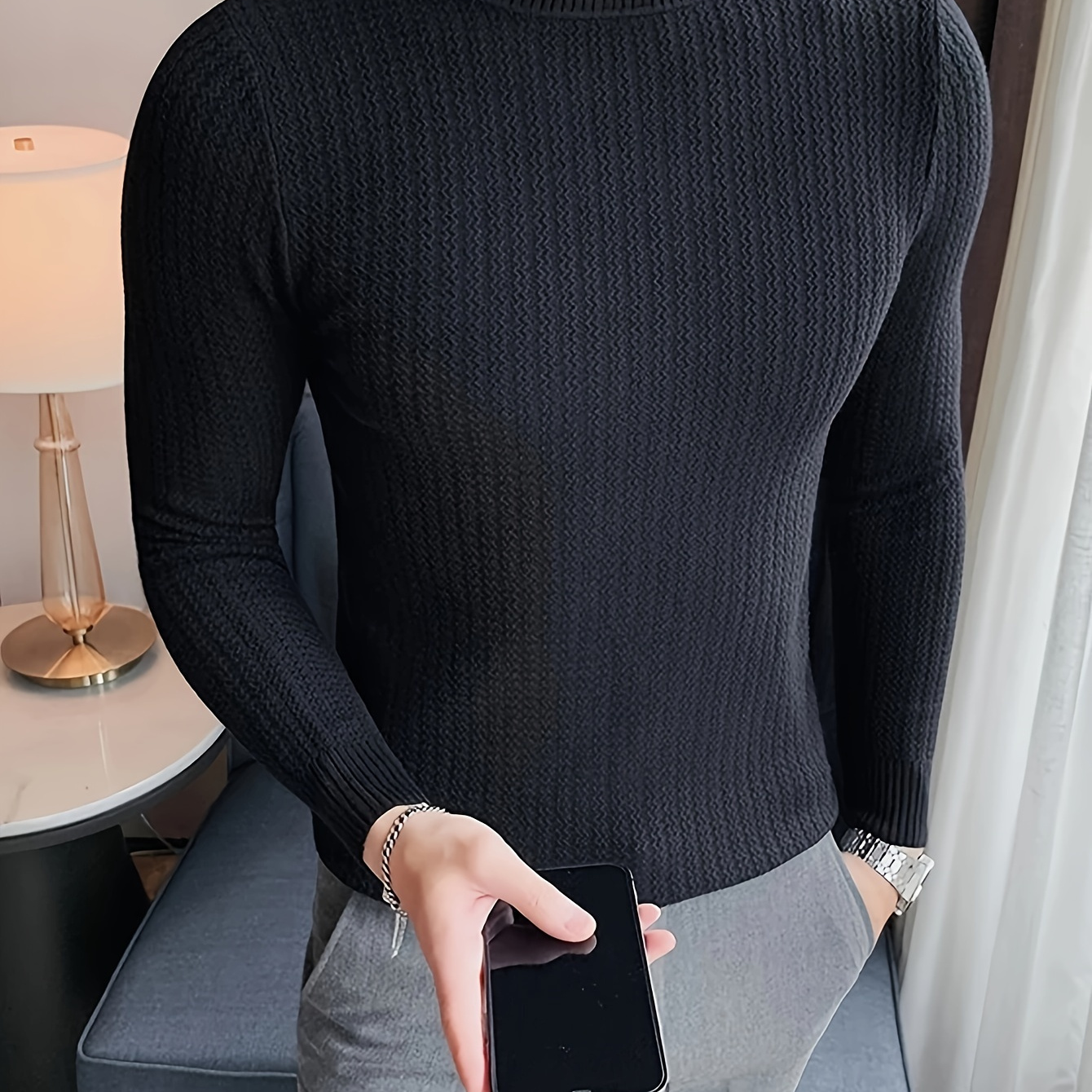 

Men's 100% Cotton Solid Knitted Pullover, Long Sleeve Slim-fit Stand Collar Sweater For Fall Winter