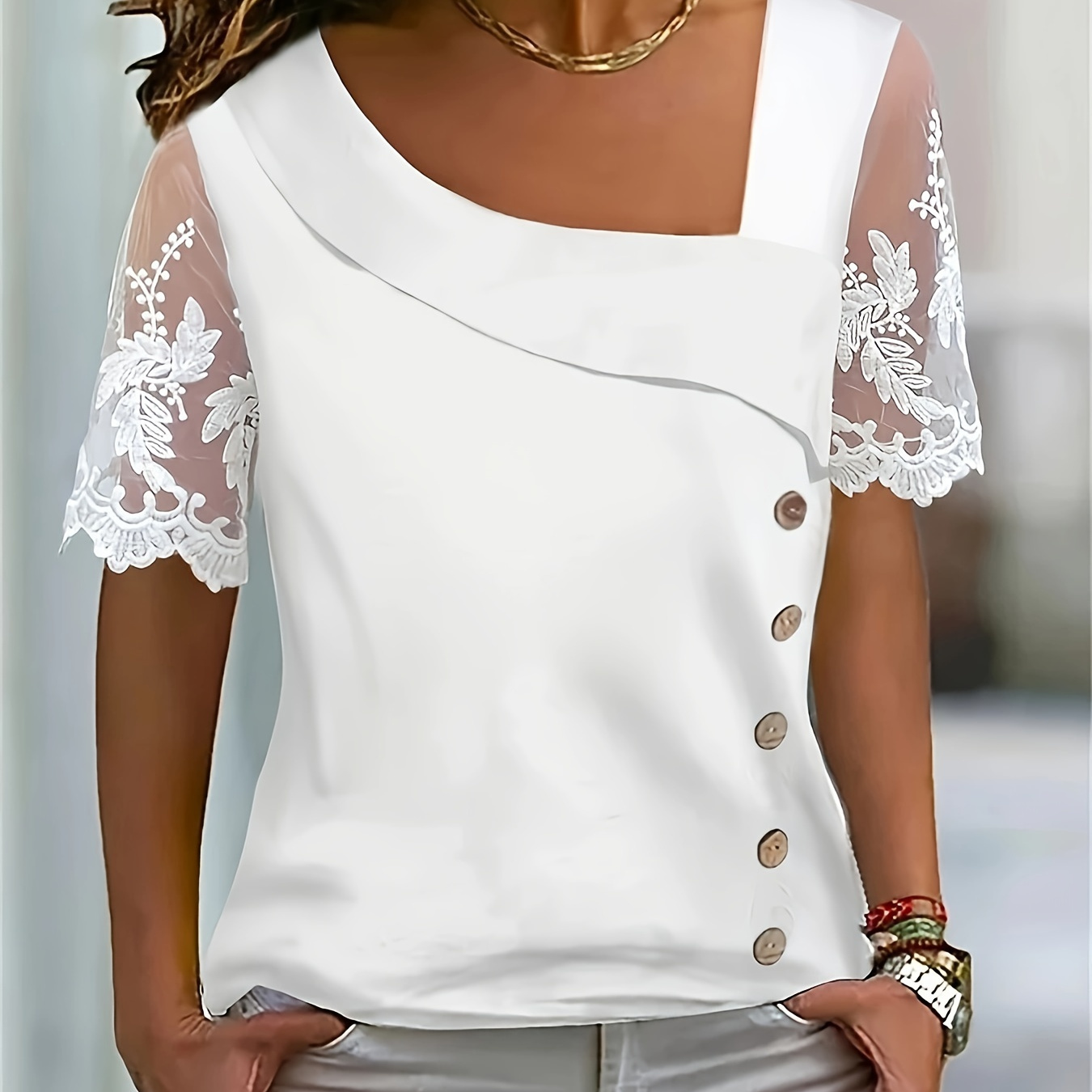 

Plus Size Lace Stitching Blouse, Elegant Asymmetrical Neck Short Sleeve Blouse For Spring, Women's Plus Size clothing