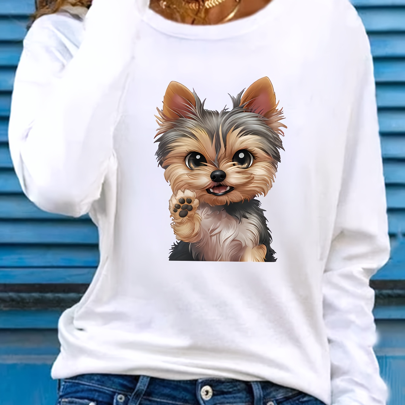 

Cute Puppy Print T-shirt, Long Sleeve Crew Neck Casual Top For Spring & Fall, Women's Clothing