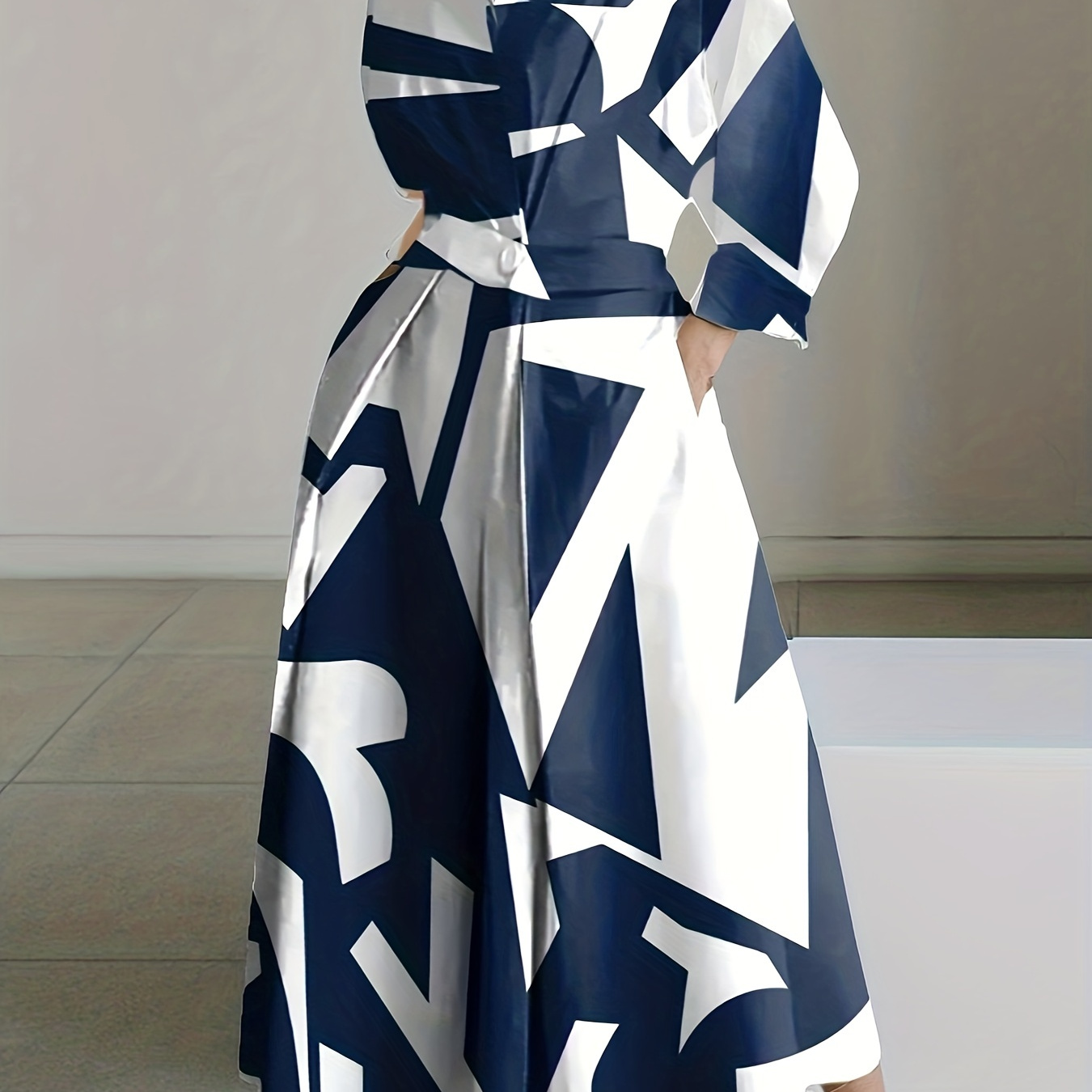

Geo Print Simple Dress, Casual V Neck Long Sleeve Midi Dress, Women's Clothing