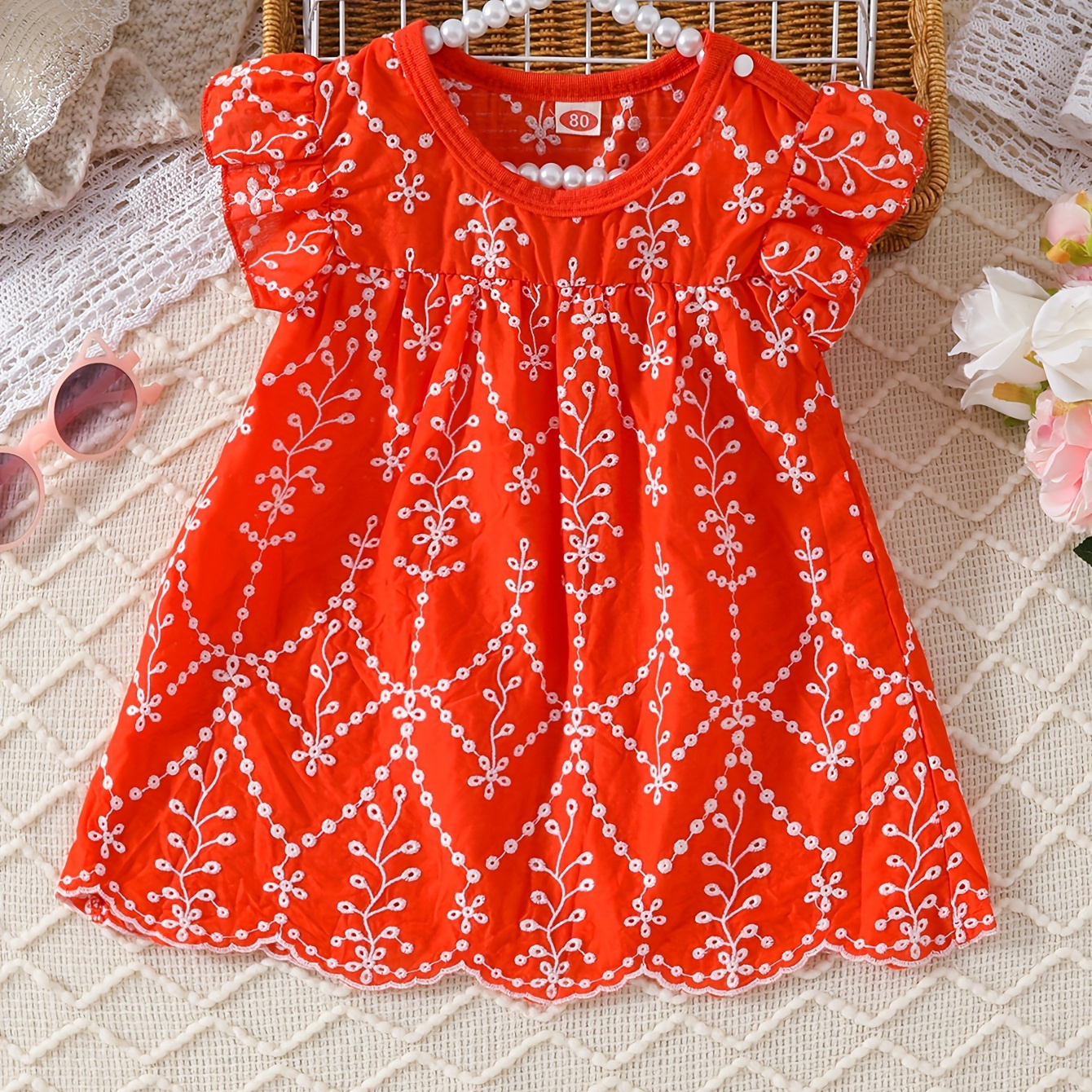 

Baby's Boho Style Flower Embroidered Dress, Casual Cap Sleeve Dress, Infant & Toddler Girl's Clothing For Summer/spring, As Gift