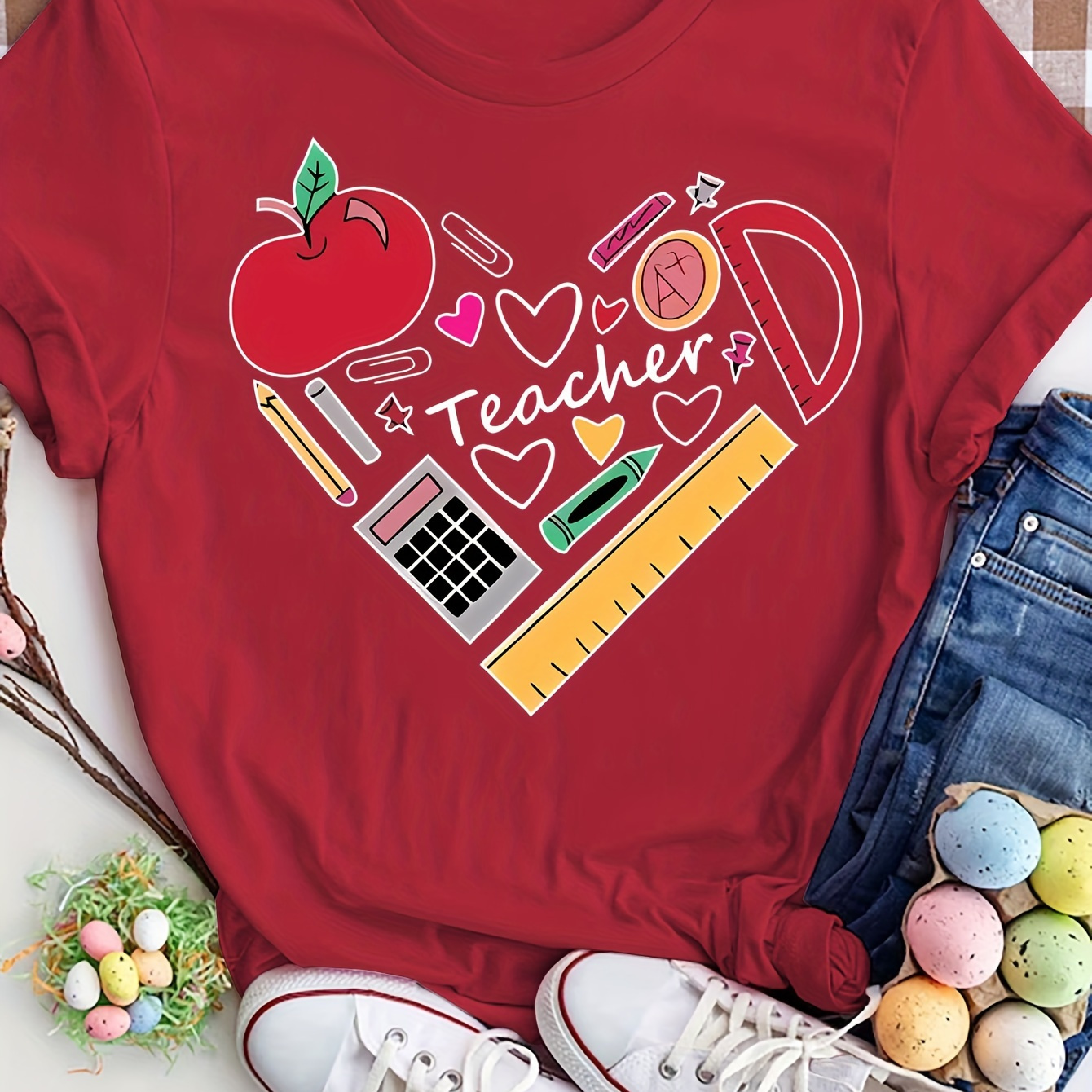 

Teacher-themed Cartoon Graphic T-shirt For Women, Casual Crew Neck Top With & School Supplies Design, 95% Polyester 5% Spandex Blend, Comfortable Knit Fabric, Short Sleeve Tee For Everyday Wear