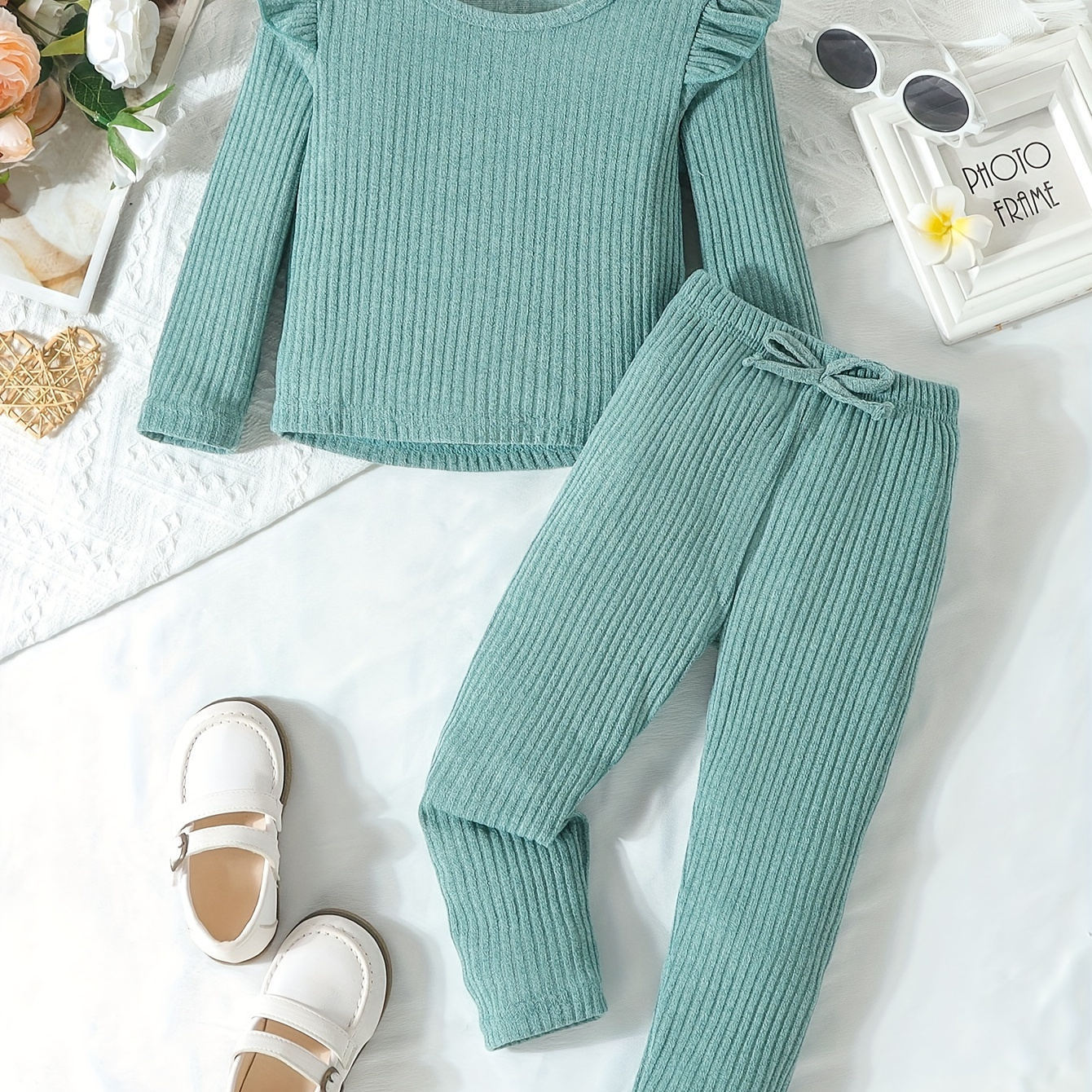 Girl's Solid Color Outfit 2pcs, Ribbed Long Sleeve Top & Pants Set, Kid's Clothes For Spring Fall