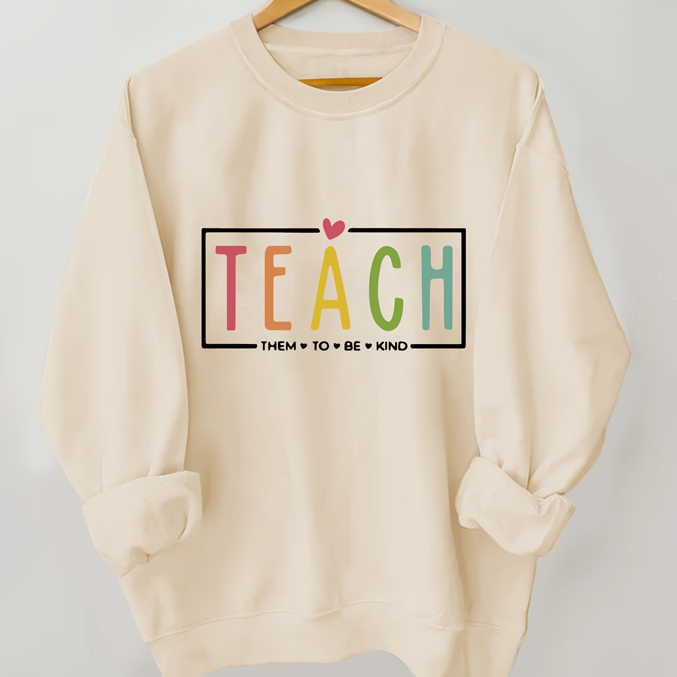 

Teach Print Pullover Sweatshirt, Casual Long Sleeve Crew Neck Sweatshirt For Fall & Winter, Women's Clothing