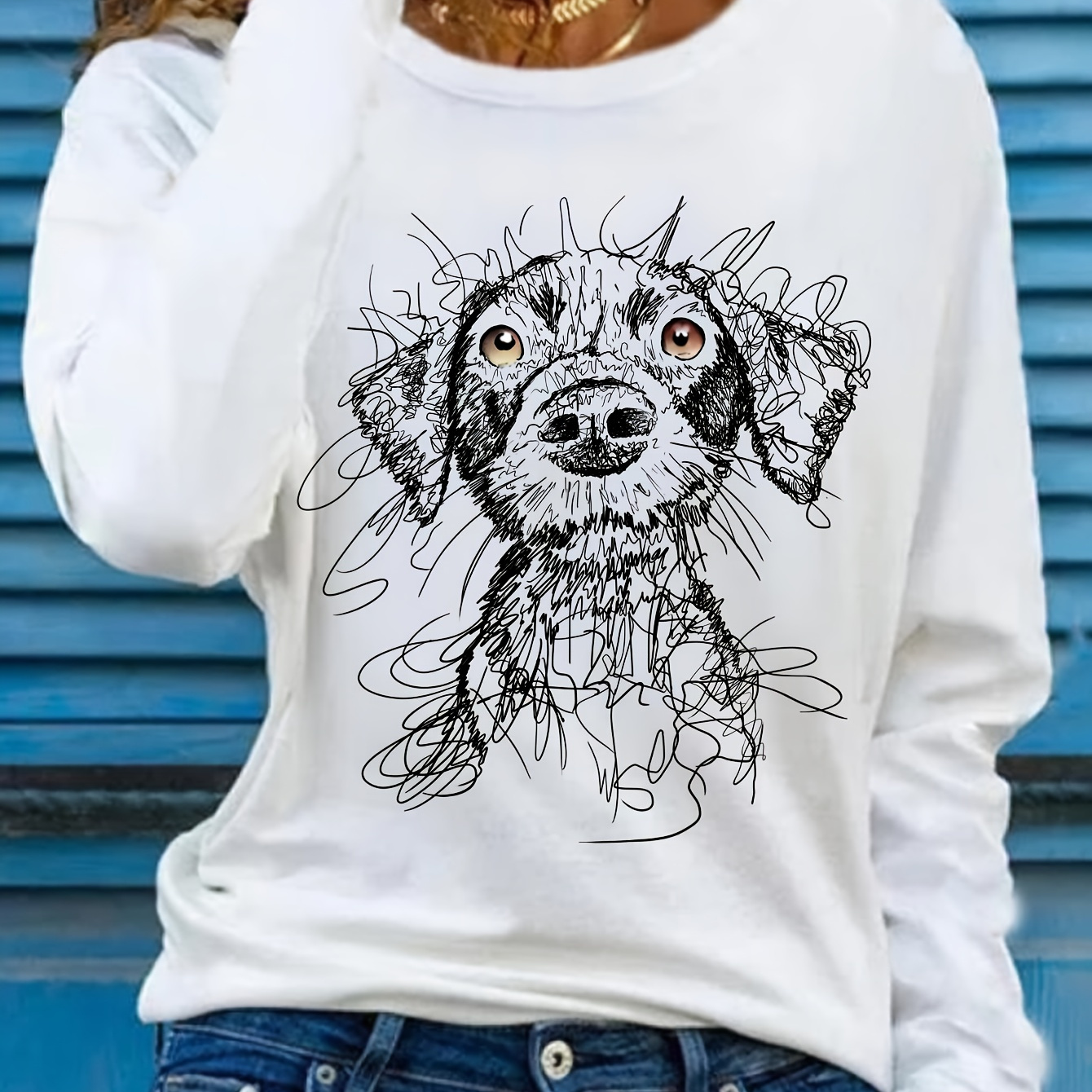 

[customer ] Women's Casual Long Sleeve T-shirt With Unique Dog Print - Crew Neck, Soft Polyester, Machine Washable - Fall