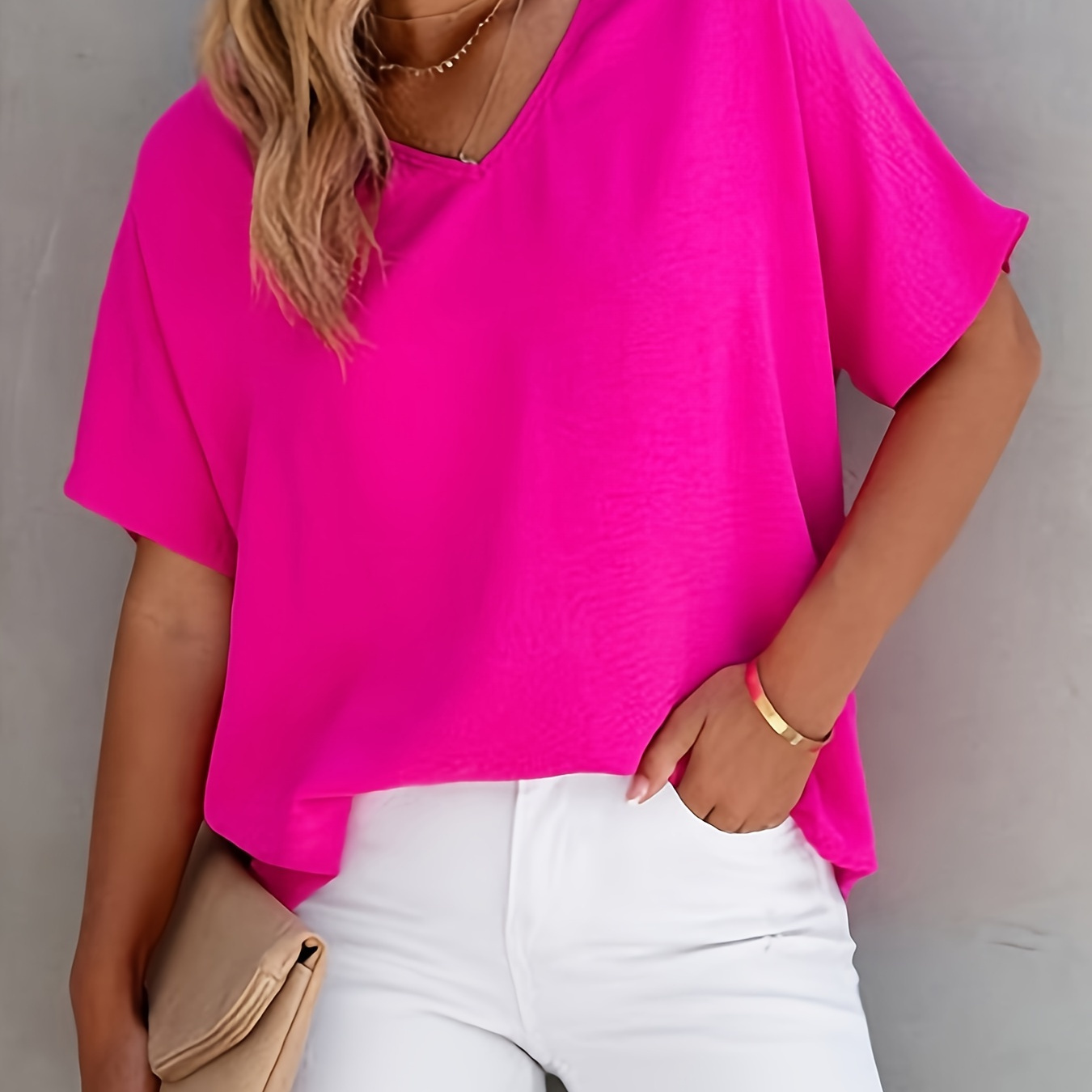 

Solid V Neck Blouse, Casual Short Sleeve Blouse For Spring & Summer, Women's Clothing