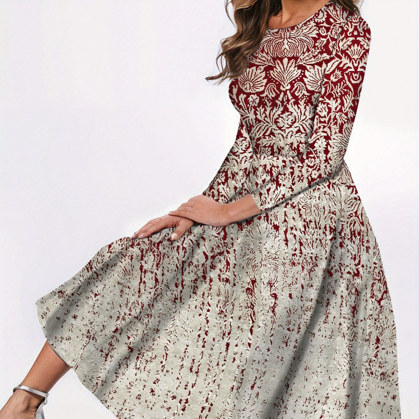 

Graphic Print Crew Neck Dress, Elegant Three-quarter Sleeve A-line Dress For Summer & Spring, Women's Clothing