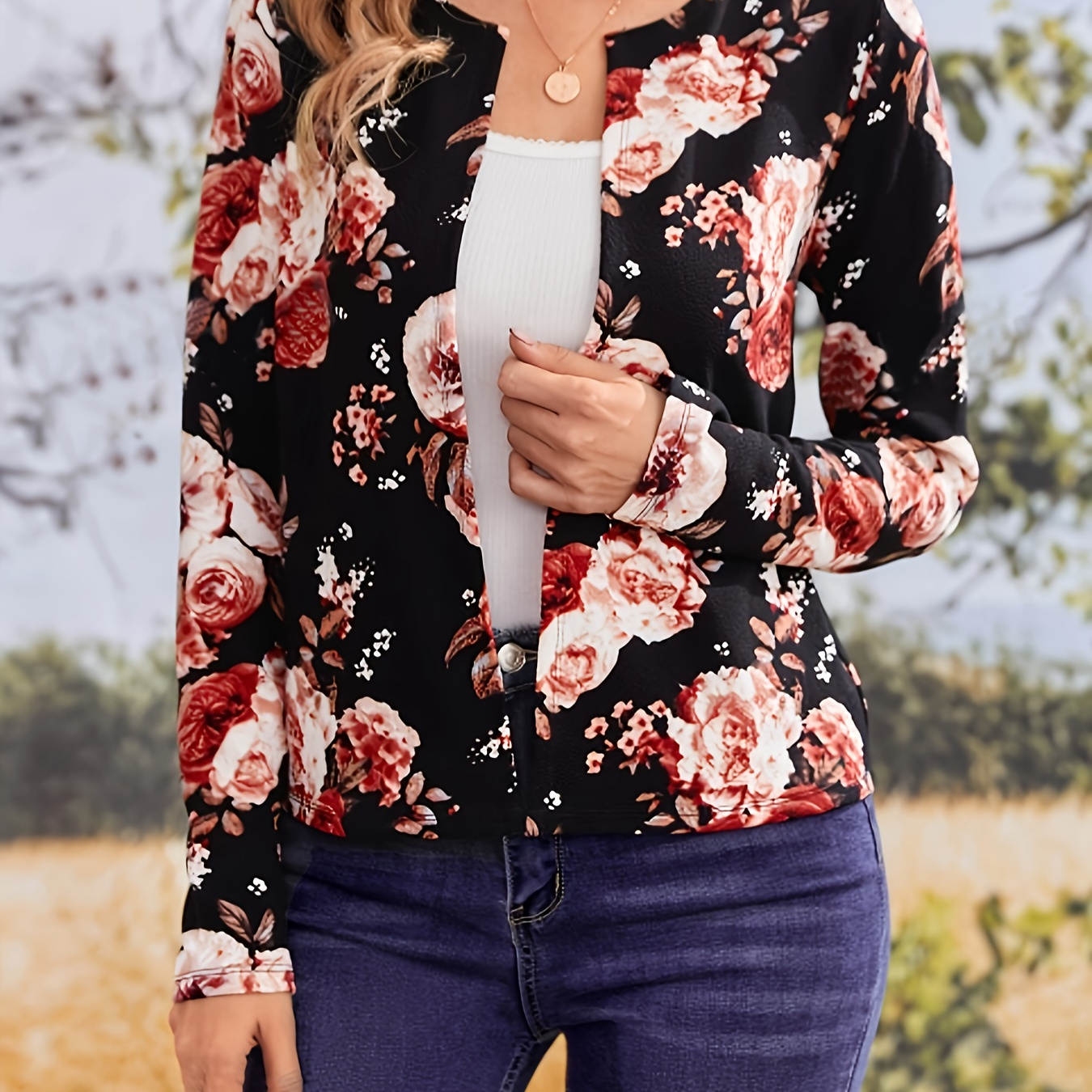 

Allover Floral Print Open Front Jacket, Elegant Thin Long Sleeve Cropped Jacket For Spring & Fall, Women's Clothing