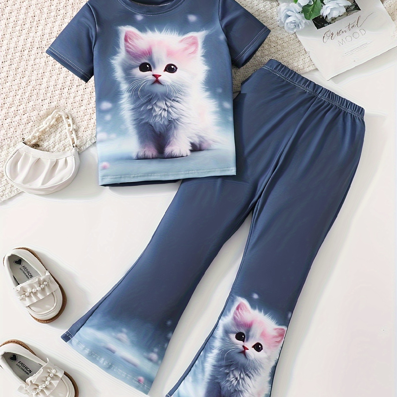 

8-13y Girls Cute Kitten Outfit, 3d Cat Print T-shirt + Gradient Flared Pants Set For Daily Casual Going Out