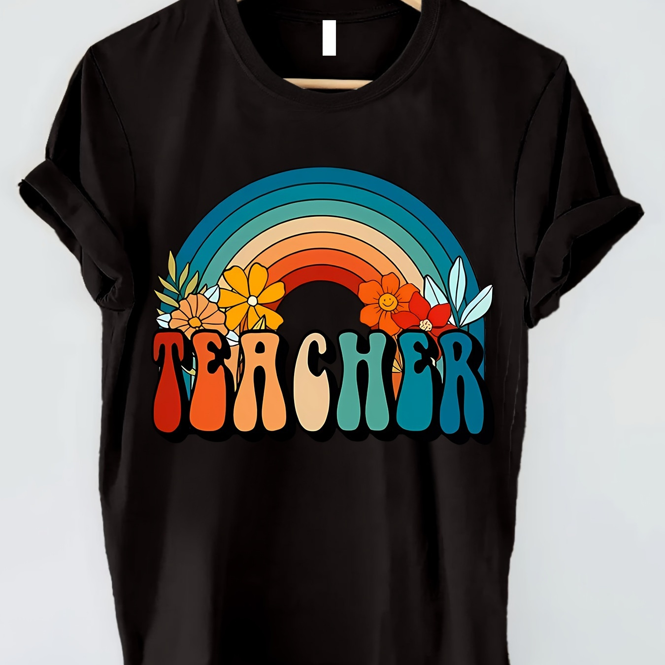 

Teacher & Rainbow Print T-shirt, Short Sleeve Crew Neck Casual Top For Summer & Spring, Women's Clothing