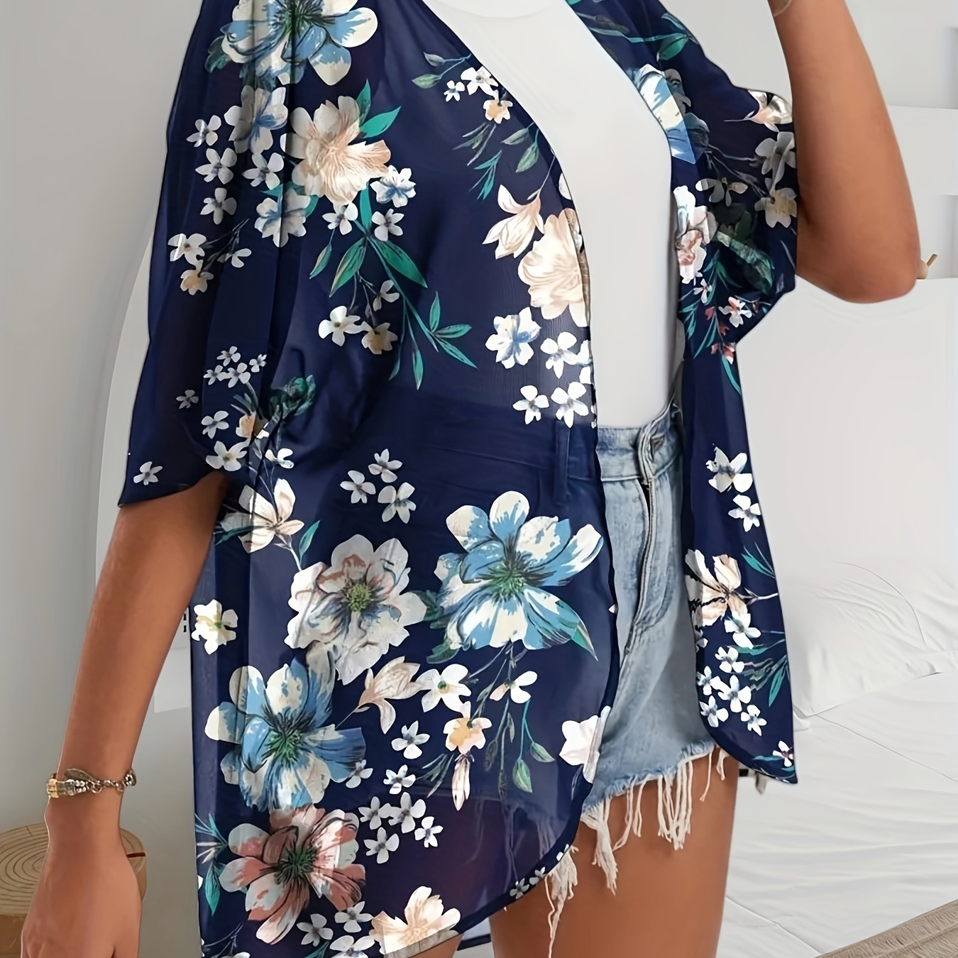 

Women's Plus Size Kimono Beach Chiffon Cardigan, Loose Fit Floral Top, Casual Style, Lightweight Summer Cover-up