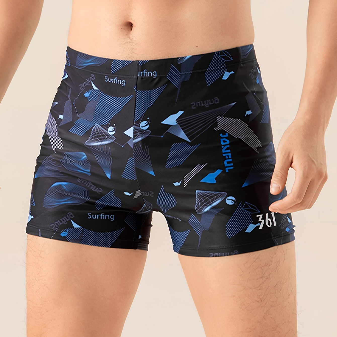 

Men's Geometric Print Boxer Sports Swimming Trunks, Active Breathable Skinny Sports Swimwear For Pool Swimming Surfing