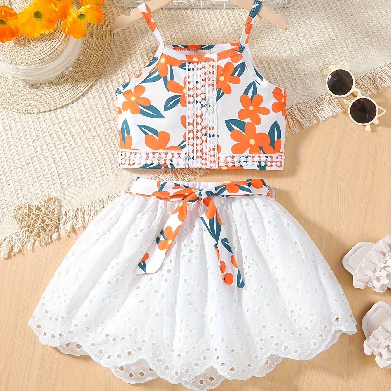 Toddler Baby Girls Floral Print Summer Skirt Sets Flower Lace Sleeveless Top Dress Suit Clothing Outfits