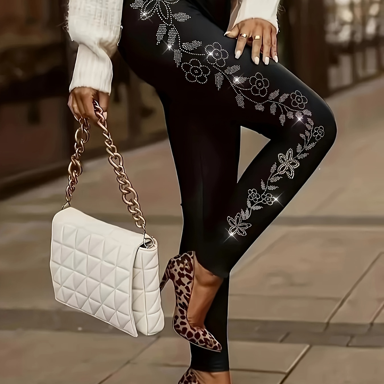 

Floral Pattern Embellished Leggings For Women - Polyester Knit Fabric Jegging With Elastane, Casual Style All-season Stretch Pants