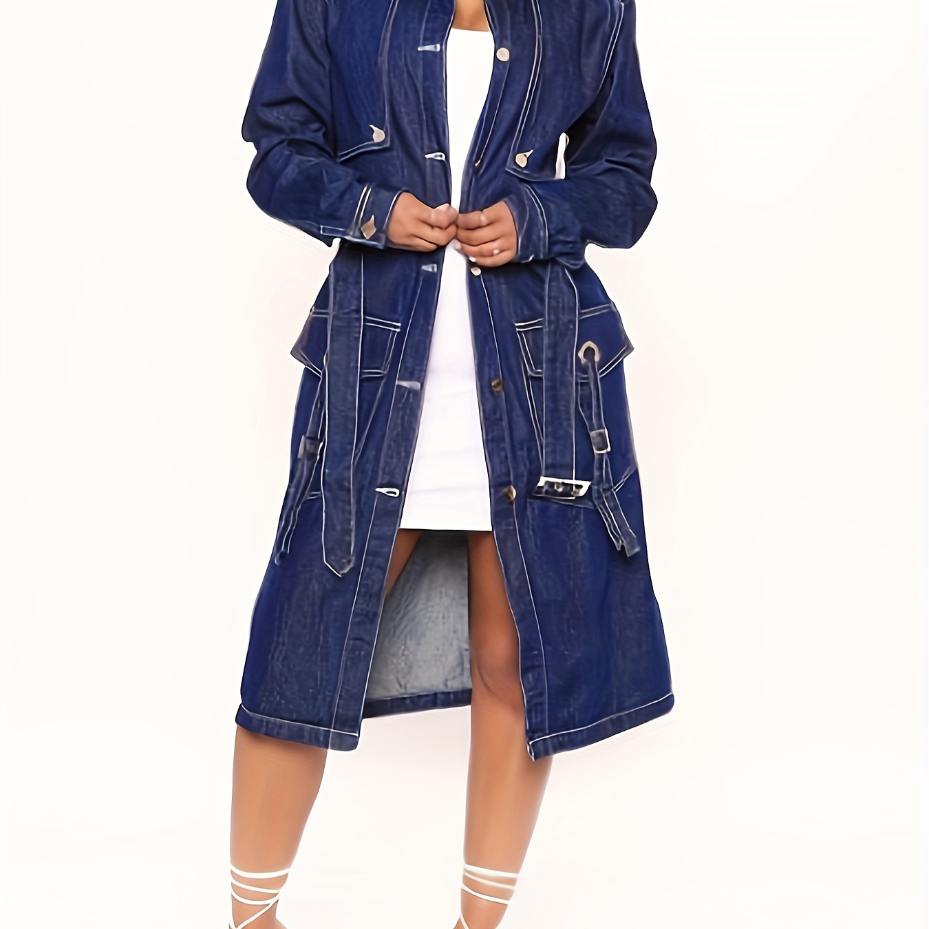 

Women's Classic Long Jean Trench Coat Long Sleeve Button Down Denim Jacket Trench Coat With Belt