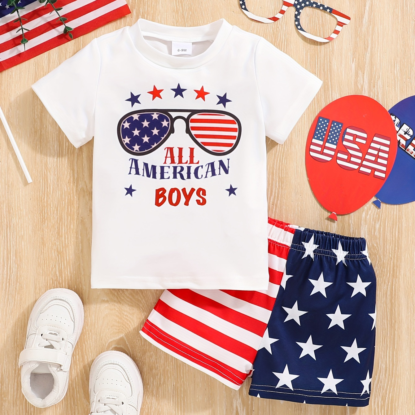 TEMU Baby's All American Boys Print 2pcs Summer Casual Outfit, T-shirt & Shorts Set, Toddler & Infant Boy's Clothes For Independence Day