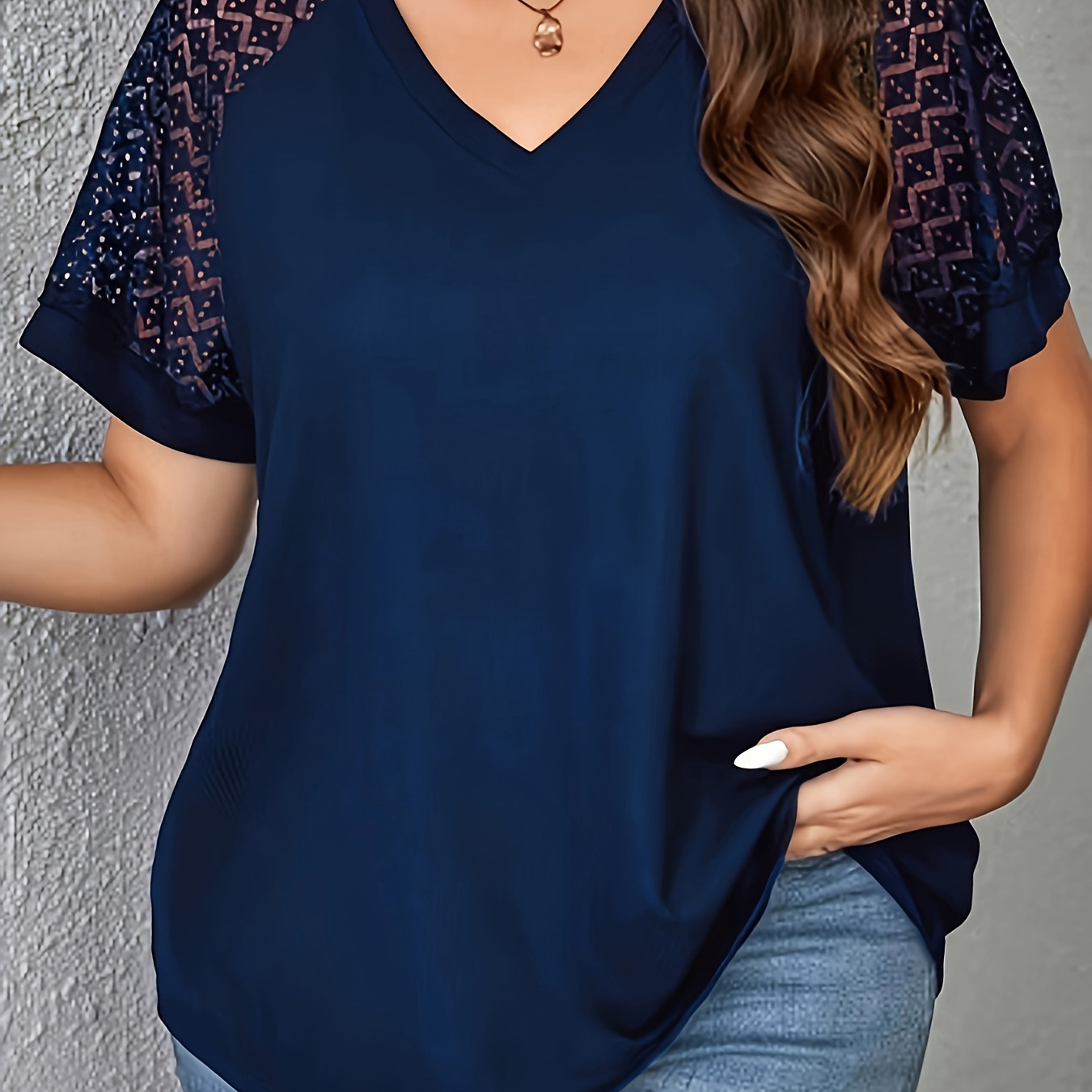 

Women's Plus Size Elegant V-neck T-shirt With Contrast Lace Detail, Short Sleeve Casual Top For Spring/summer, Polyester Knit Fabric, 180gsm - Purple With Black Text "handmade