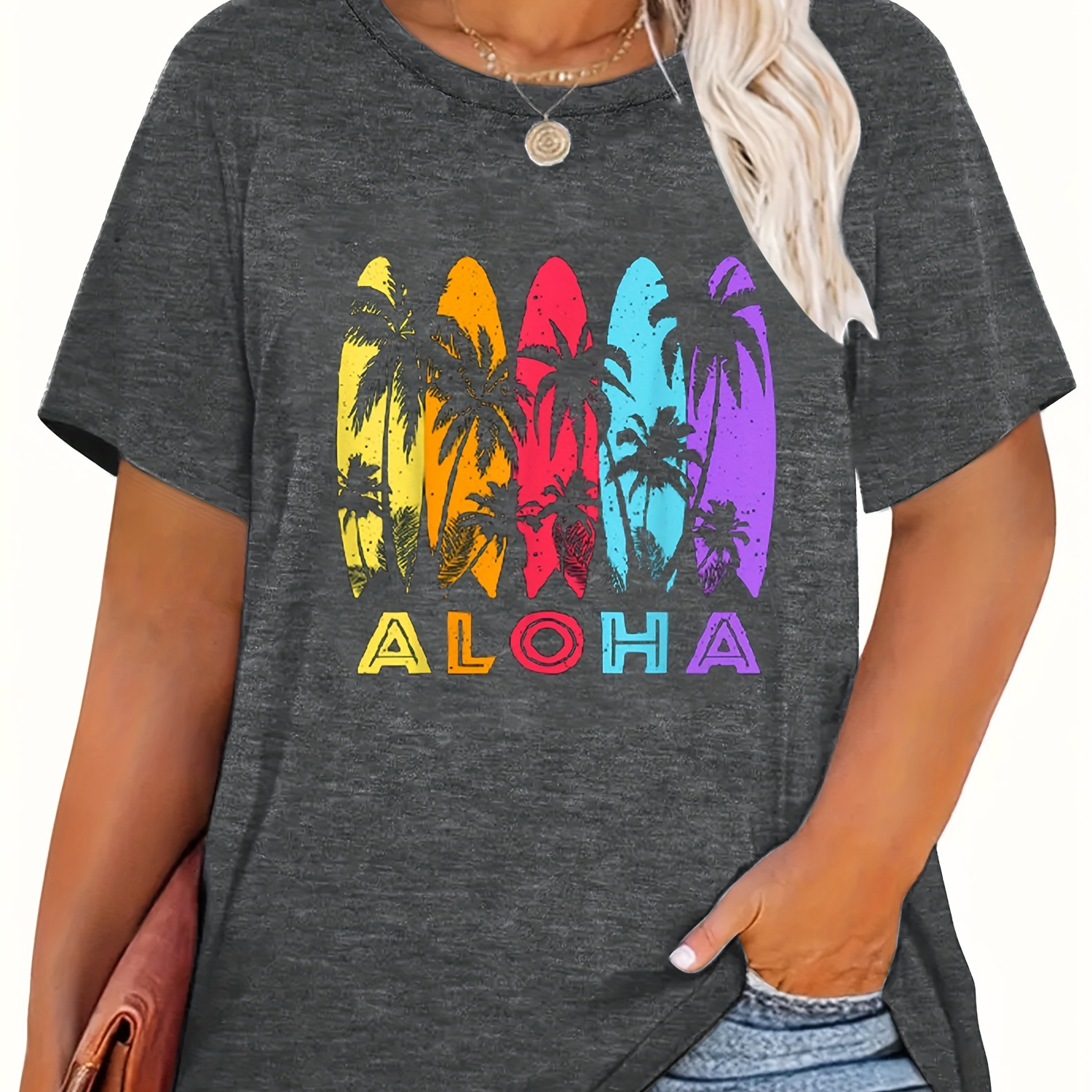 

Plus Size Coconut Tree Print T-shirt, Casual Short Sleeve Top For Spring & Summer, Women's Plus Size Clothing