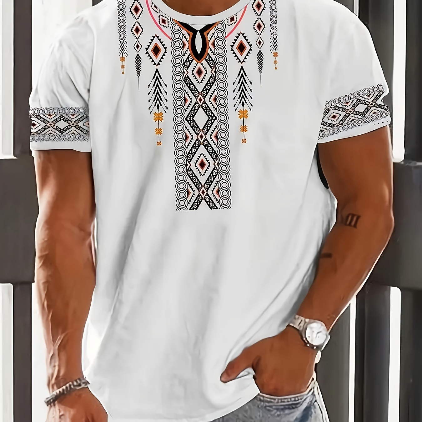 

T-shirt à col rond et manches courtes avec motif graphique de style ethnique, hauts tendance et chics pour les hommes en été et en vacances