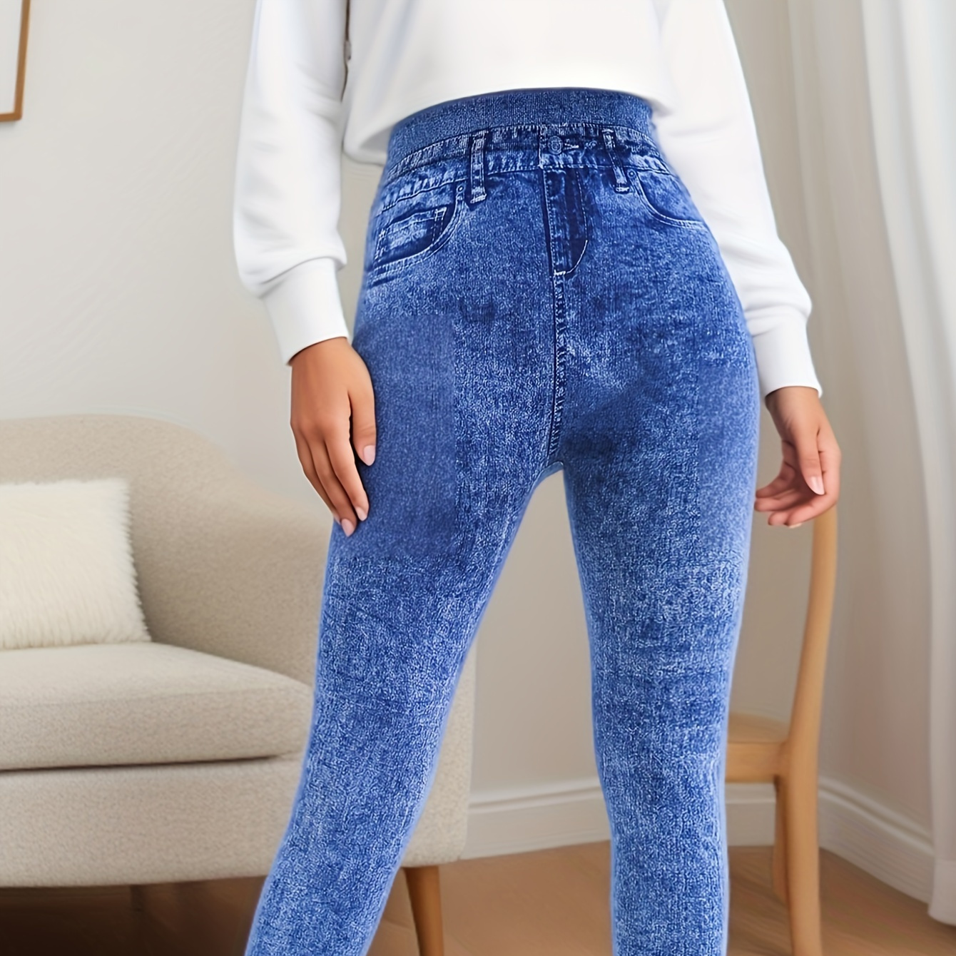 

Elegant Fashion Jeans Leggings Bleached Pattern Leggings Women's Stretch High Waist Fitness Push Up Denim Outside Pants