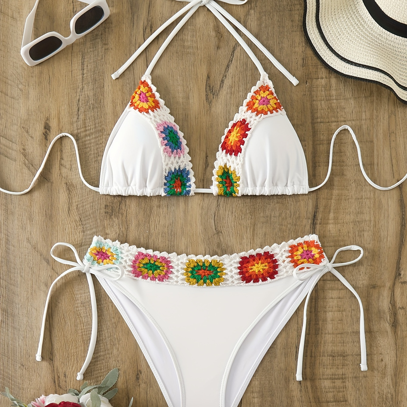 

Boho Retro Style Colorful Crochet Contrast Band Triangle Halter Tie Strap Backless 2 Piece Set Bikini Swimsuits, Women's Swimwear & Clothing