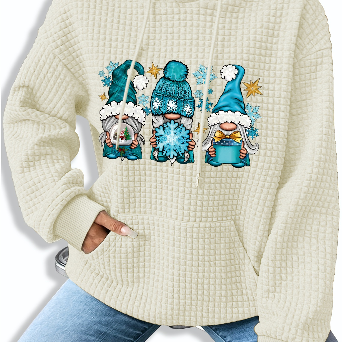 

Women's Casual Knit Waffle Hoodie With Cartoon Gnomes Print, Polyester, Long Sleeve, Hooded Sweatshirt For Fall/winter