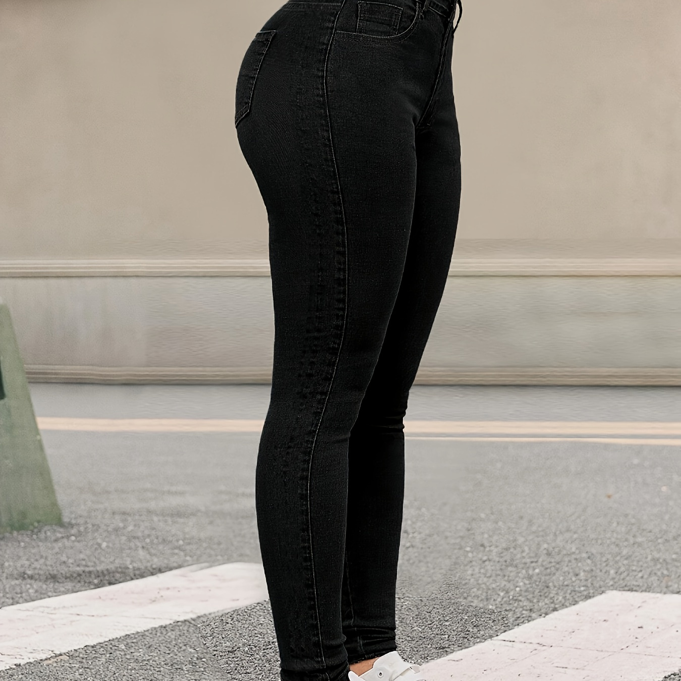 

1pc Elegant High-waisted Skinny Jeans For Women, 70% Rayon 27.6% Polyester 2.4% Spandex , Solid Color, Long Length, Button Fly, Casual Wear